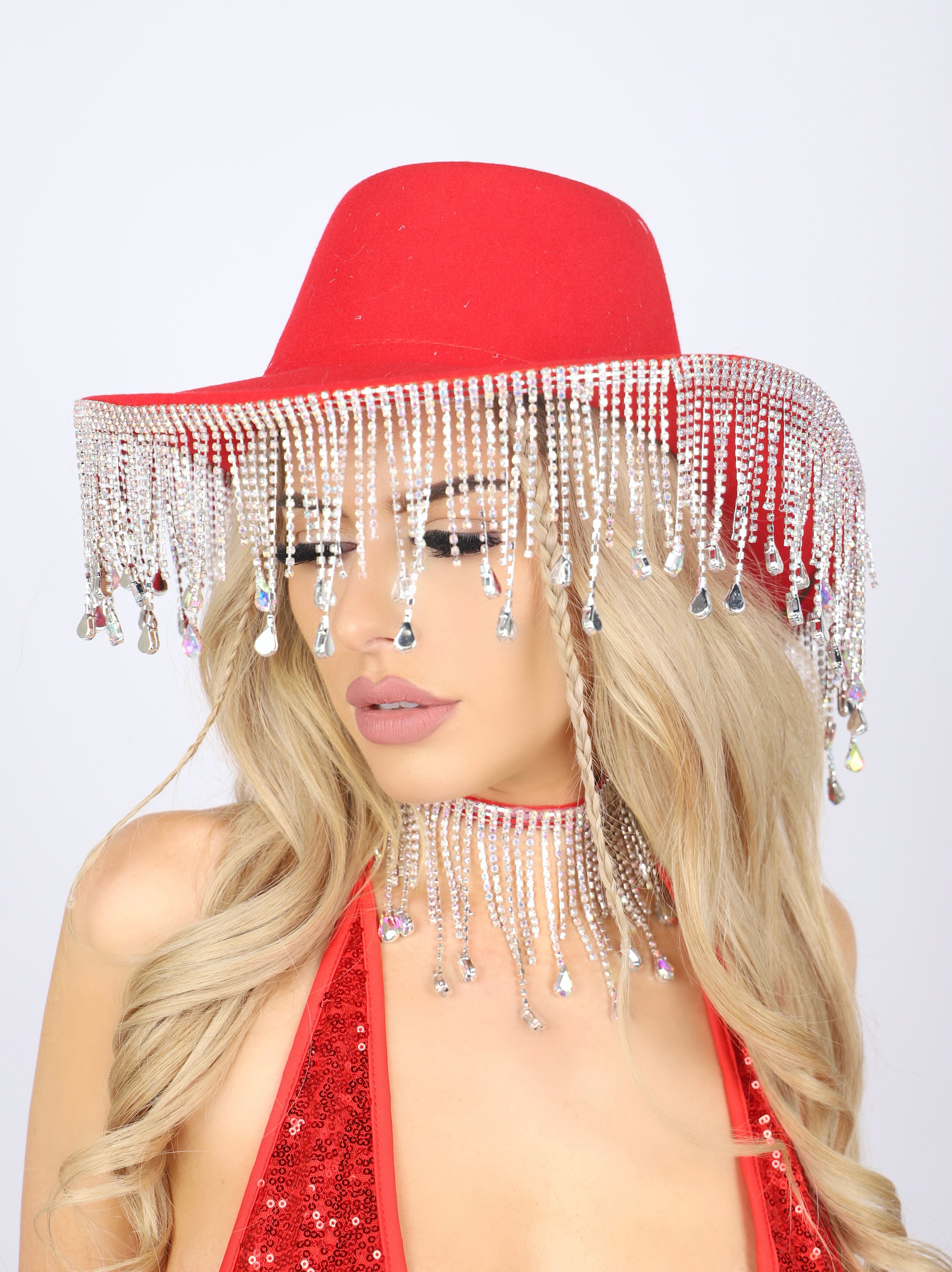 Red Iridescent Rhinestone Brim Hat