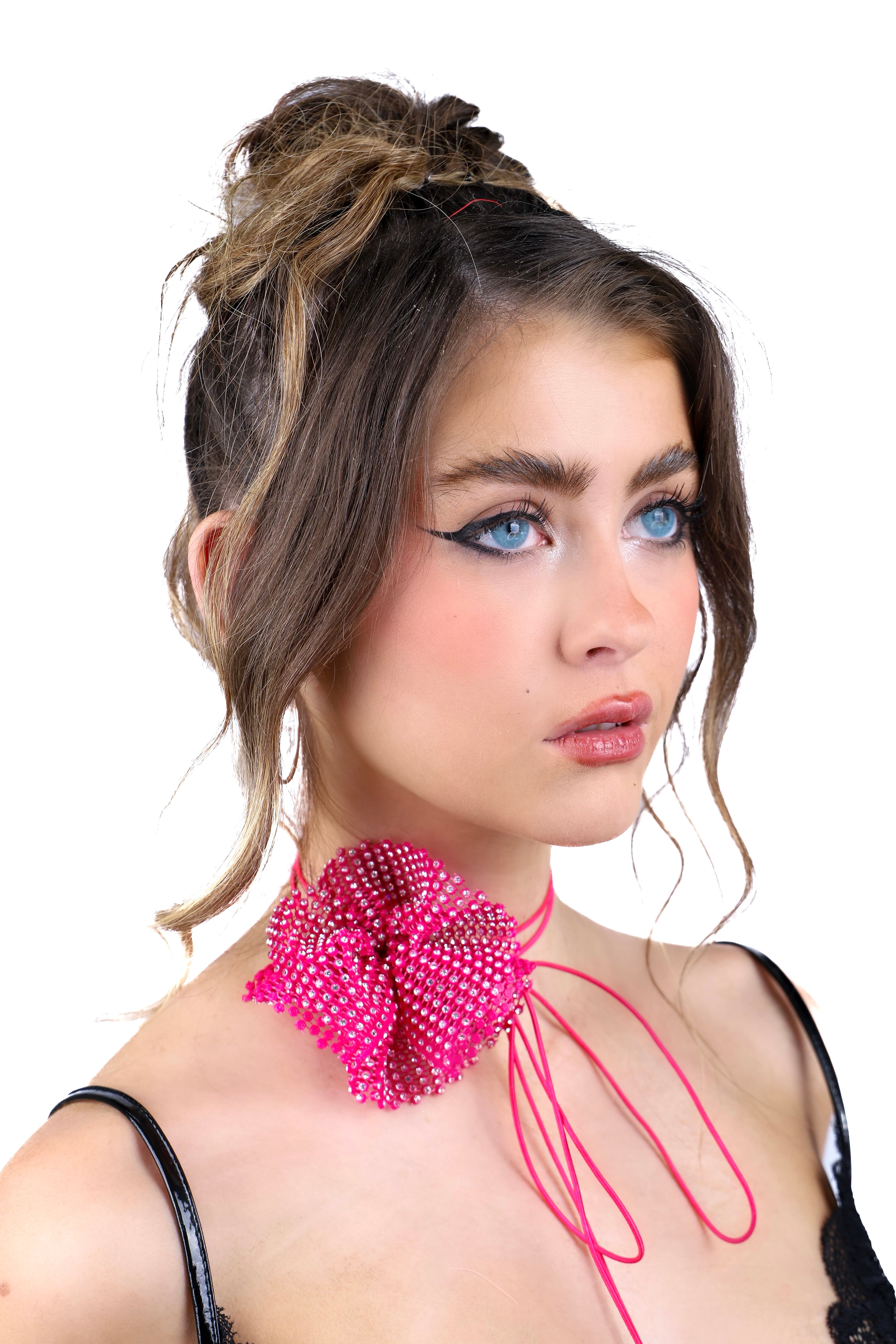 Pink Rose Rhinestone Mesh Necklace