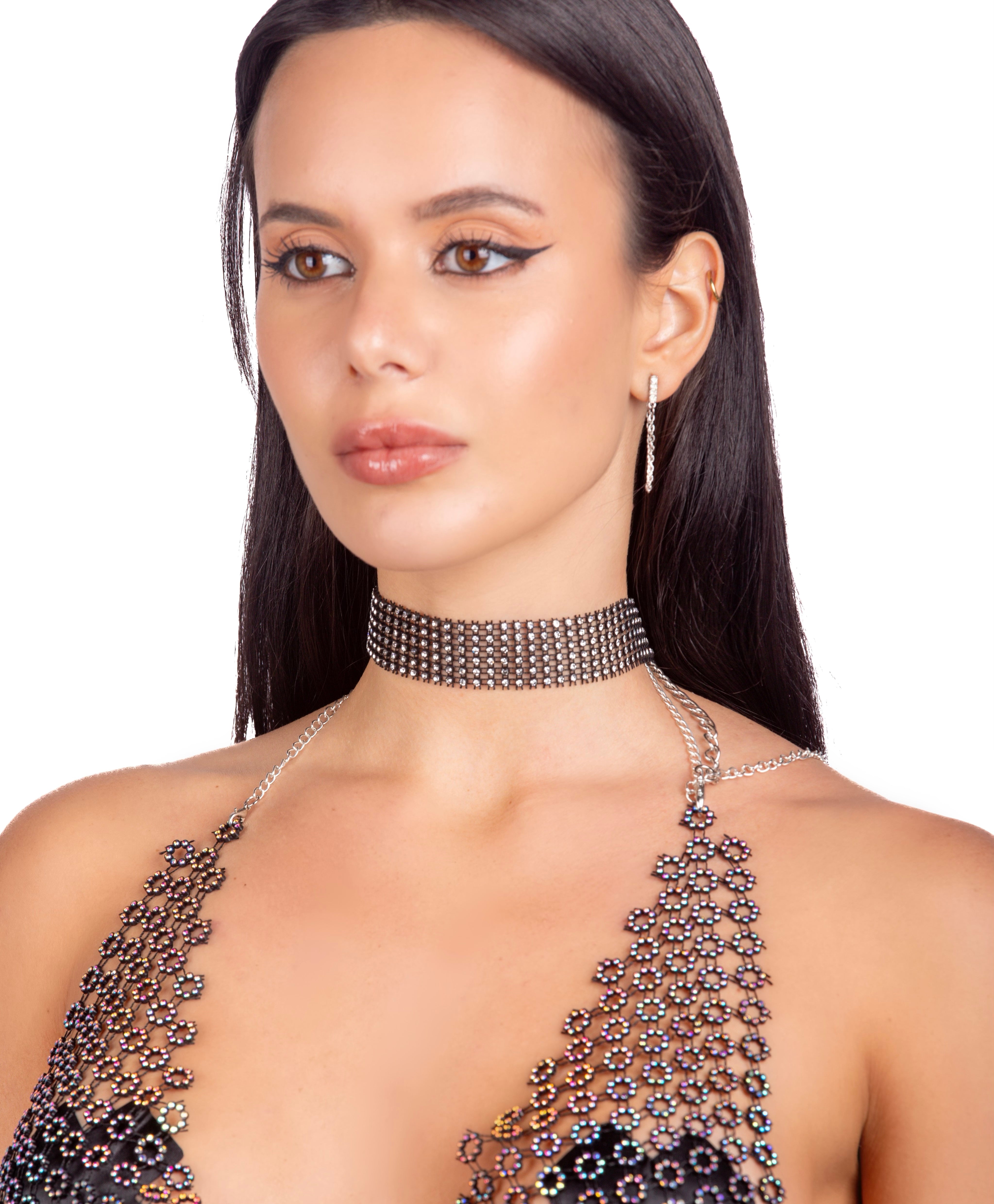 Rhinestone Black Mesh Necklace