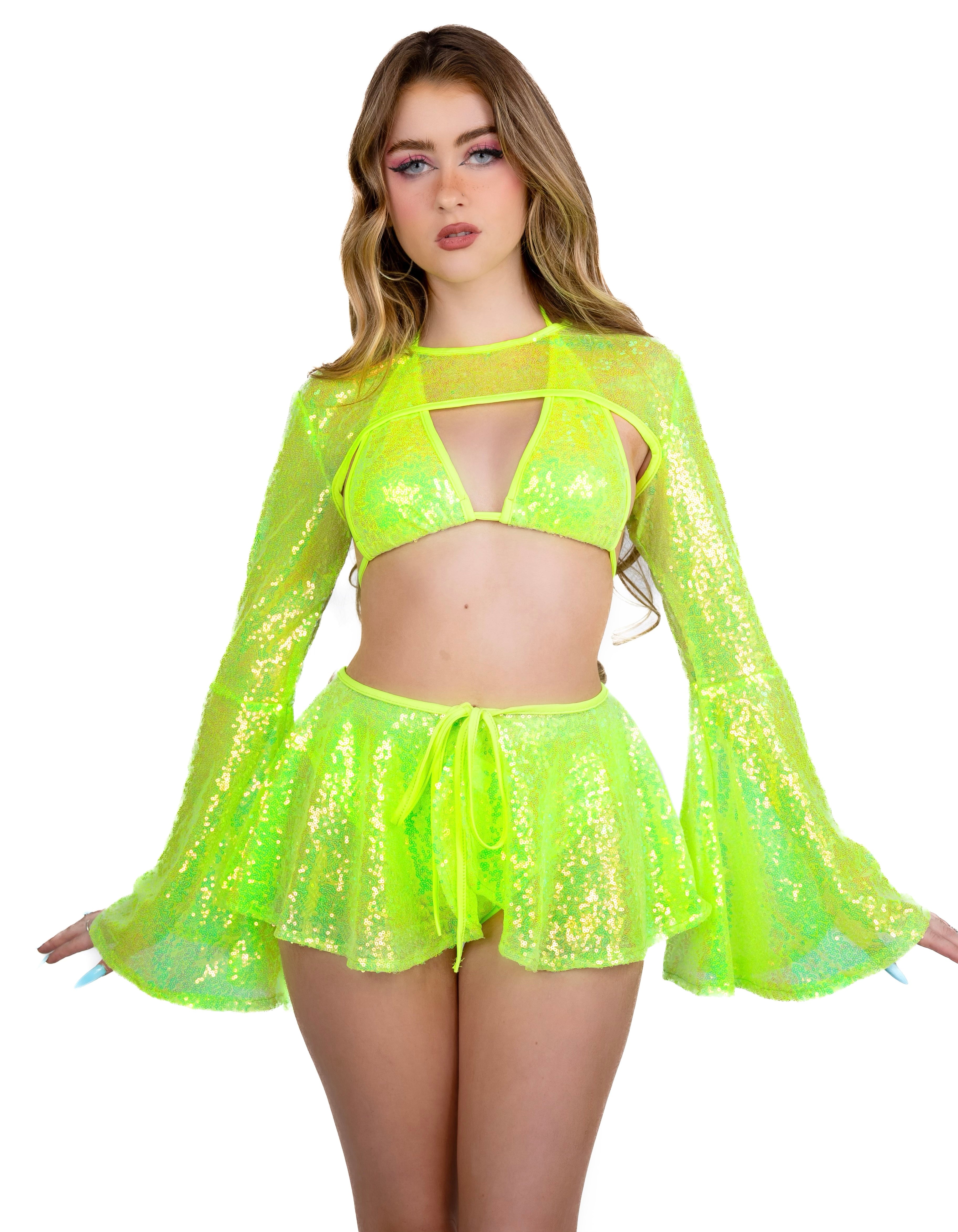 FULL OUTFIT- Aqua Goddess Sequin Set (4 pcs) Rave clothes,rave Large / 2-Pieces(Top+Bottoms)