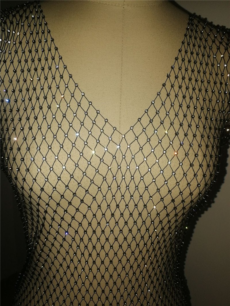 Rhinestone Black Fishnet Dress V- Body Jewelry