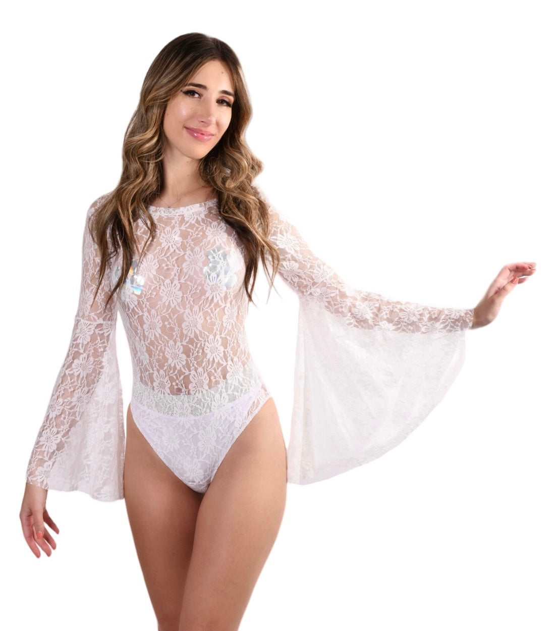 Bell Sleeve Bodysuit- White Lace