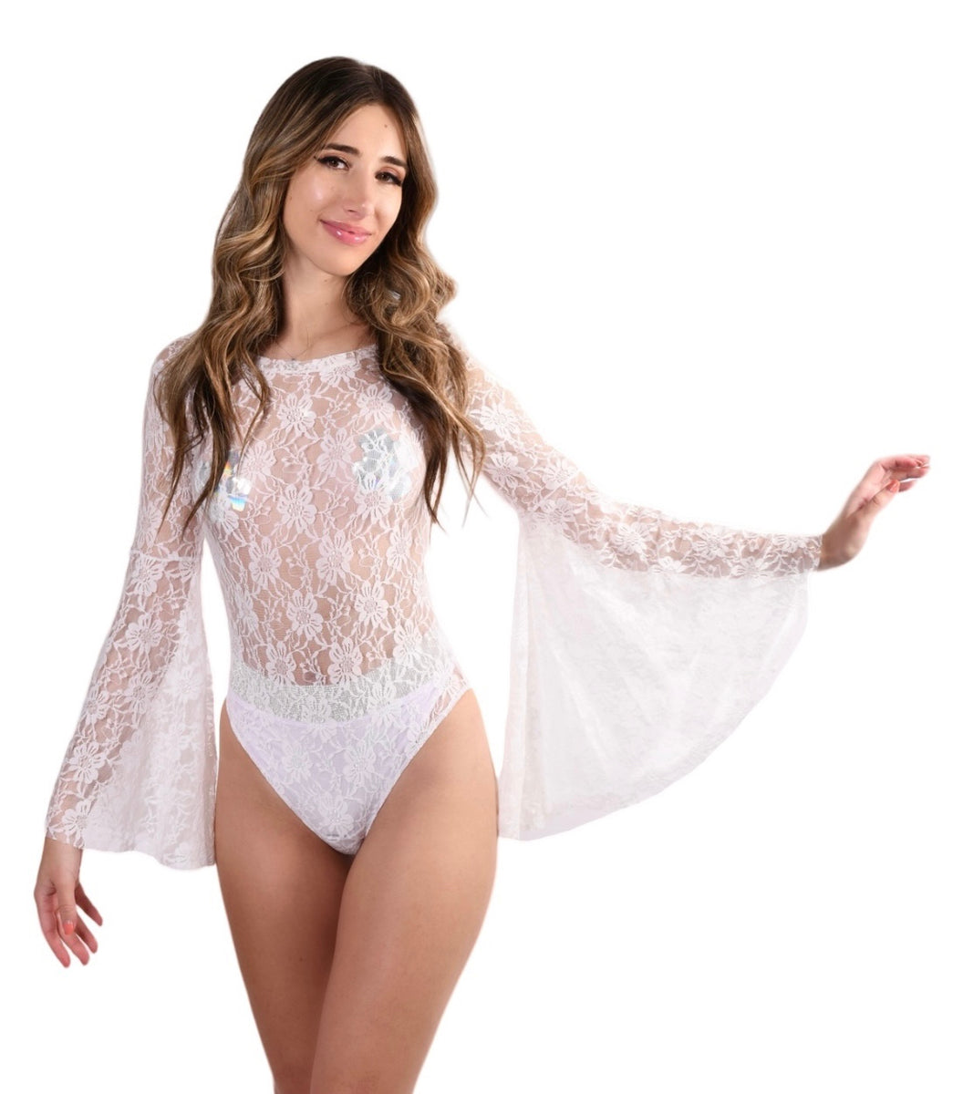 Bell Sleeve Bodysuit- White Lace Rave clothes,rave outfits,edc – THE LUMI  SHOP