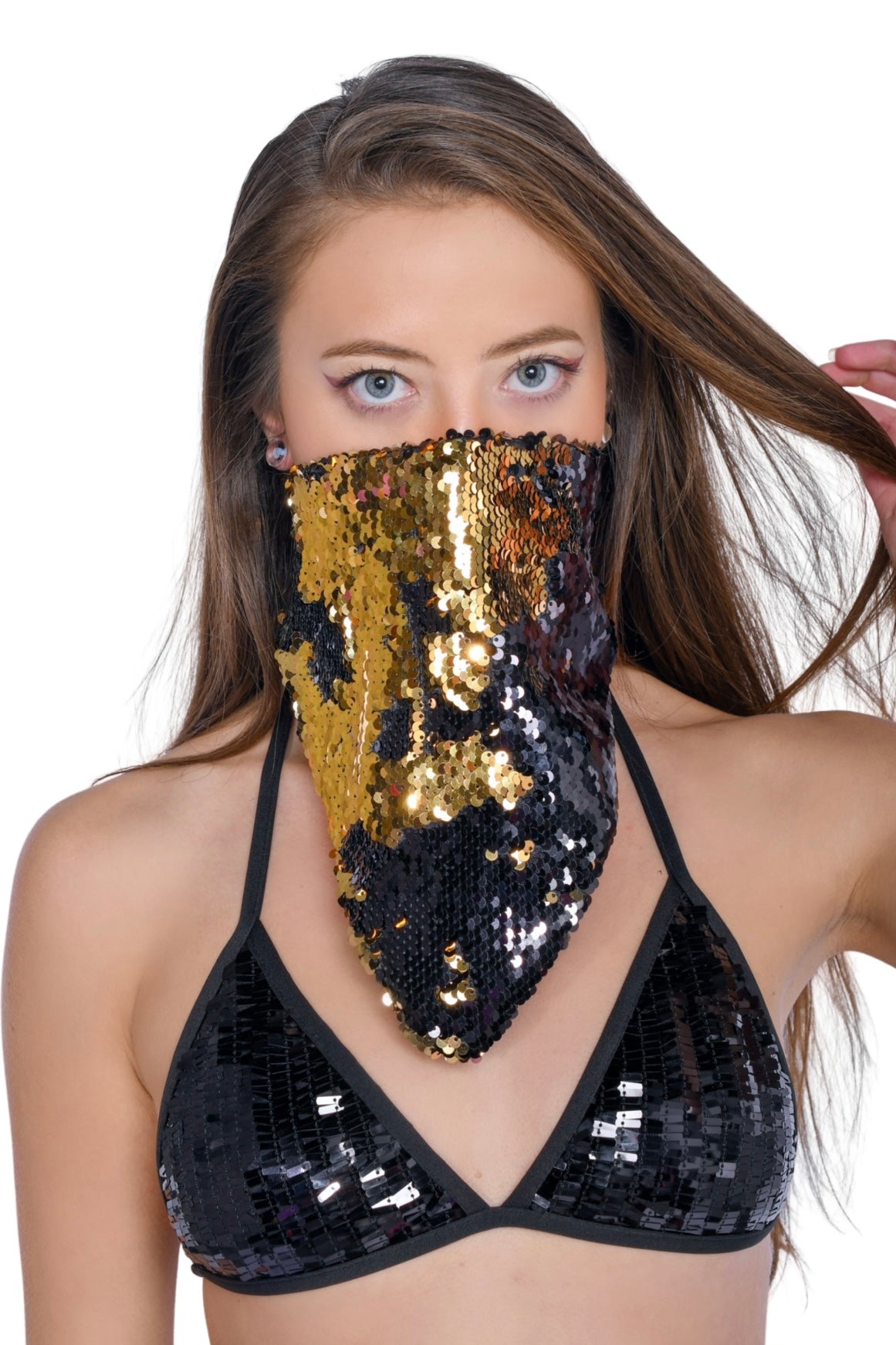 Reversible Sequin Bandana & Face Mask - Black & Gold