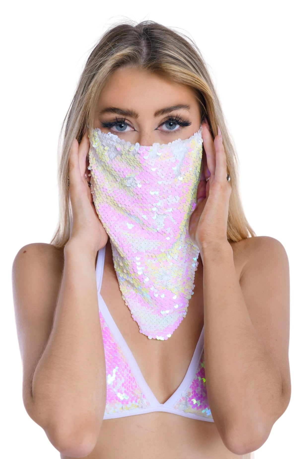 Reversible Sequin Bandana & Face Mask - Iridescent & White