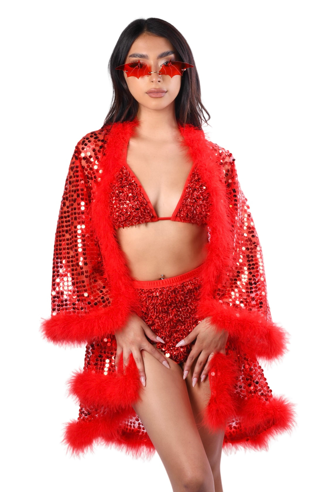 Sequin Fuzzy Kimono- Ruby Red