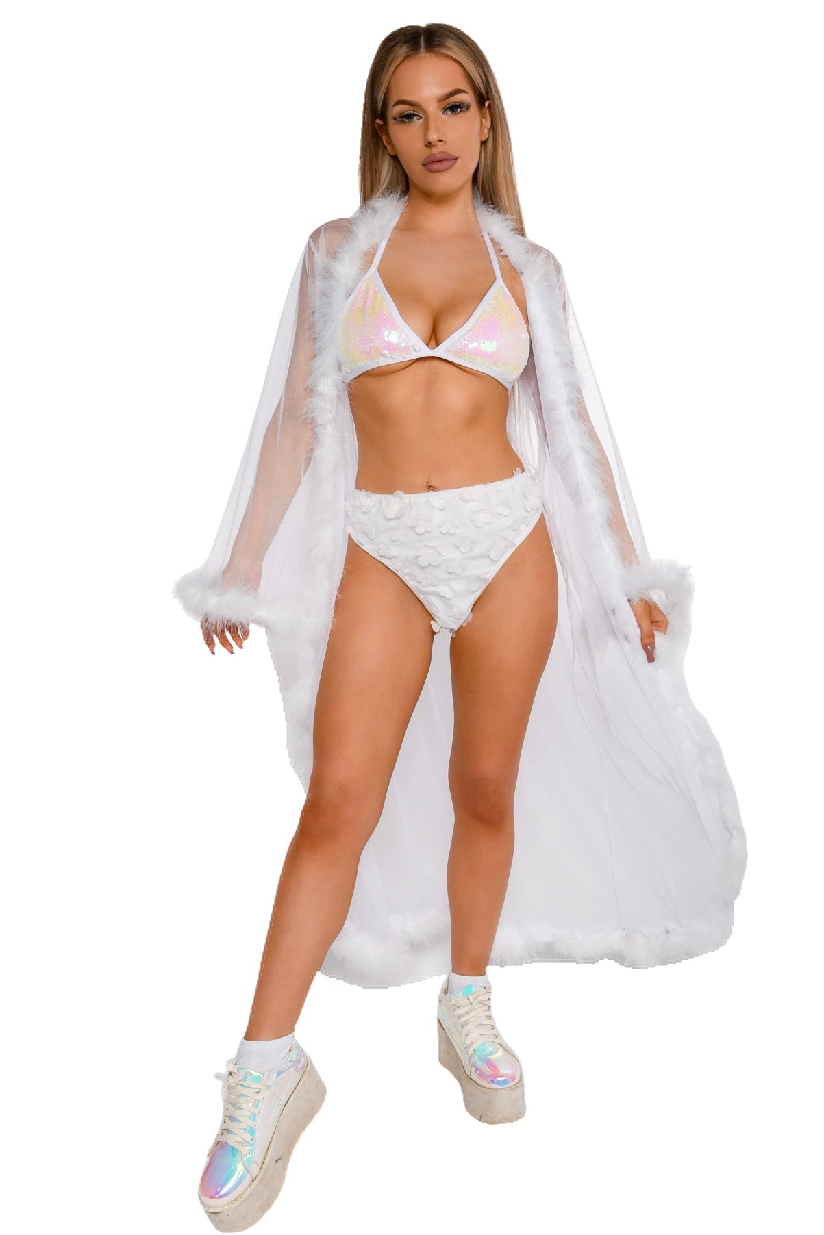 Fuzzy Long Kimono- Pearl White