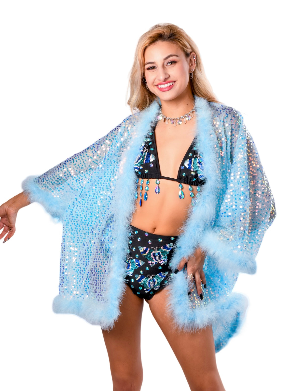Fuzzy Sequin Kimono- Baby Blue