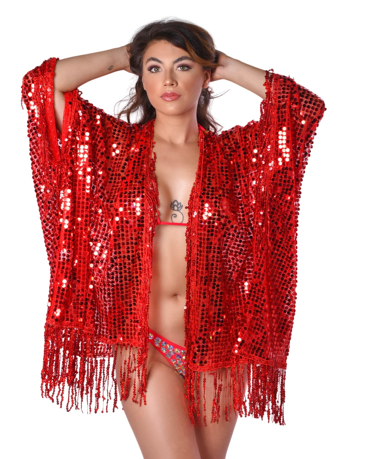Disco Sequin Tassel Kimono - Ruby