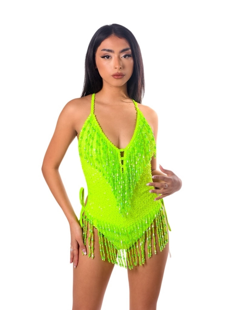 Hand Stitched Bodysuit-Neon Lime