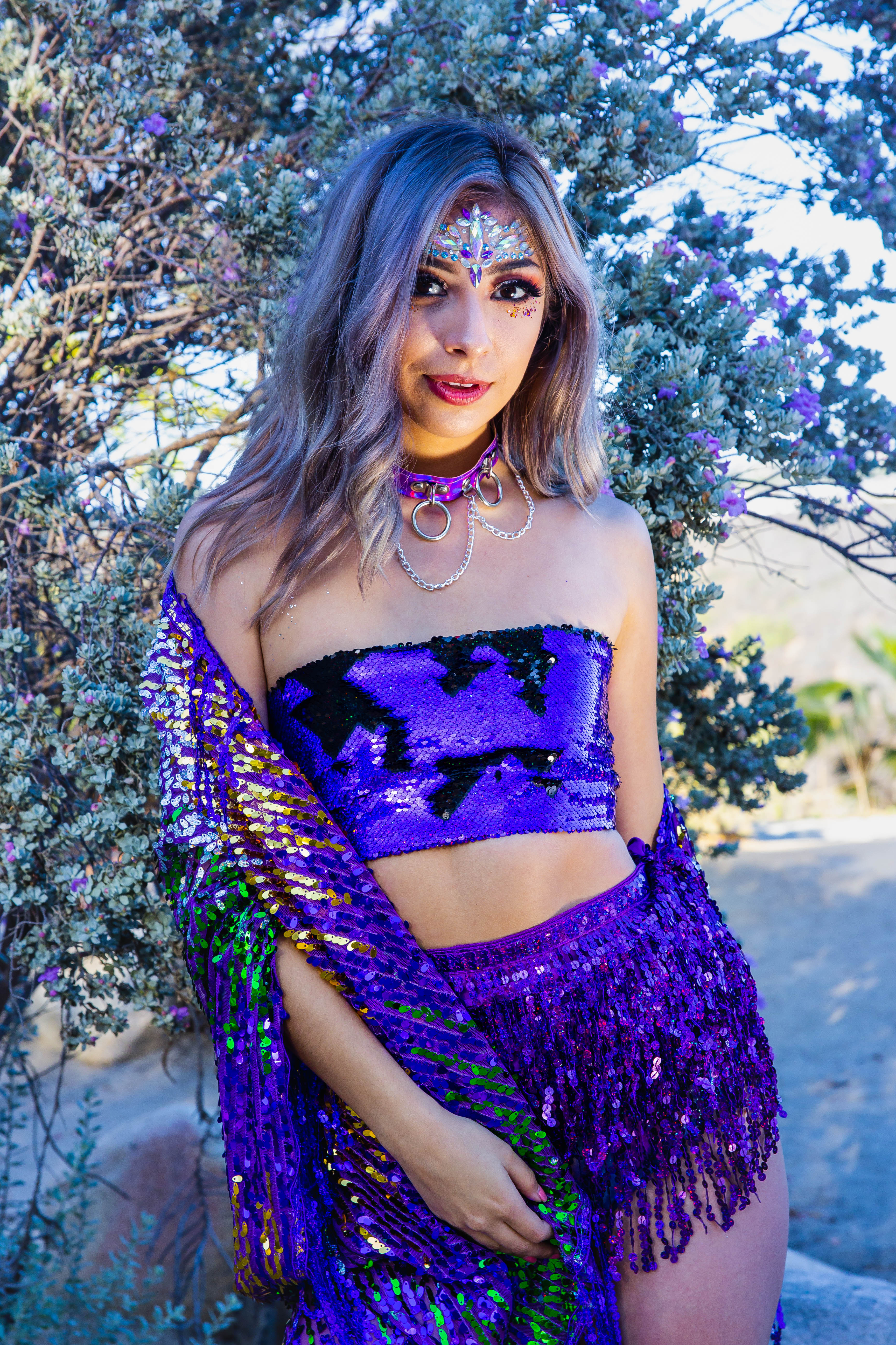 Reversible Sequin Tube Top in Violet/Black Hologram