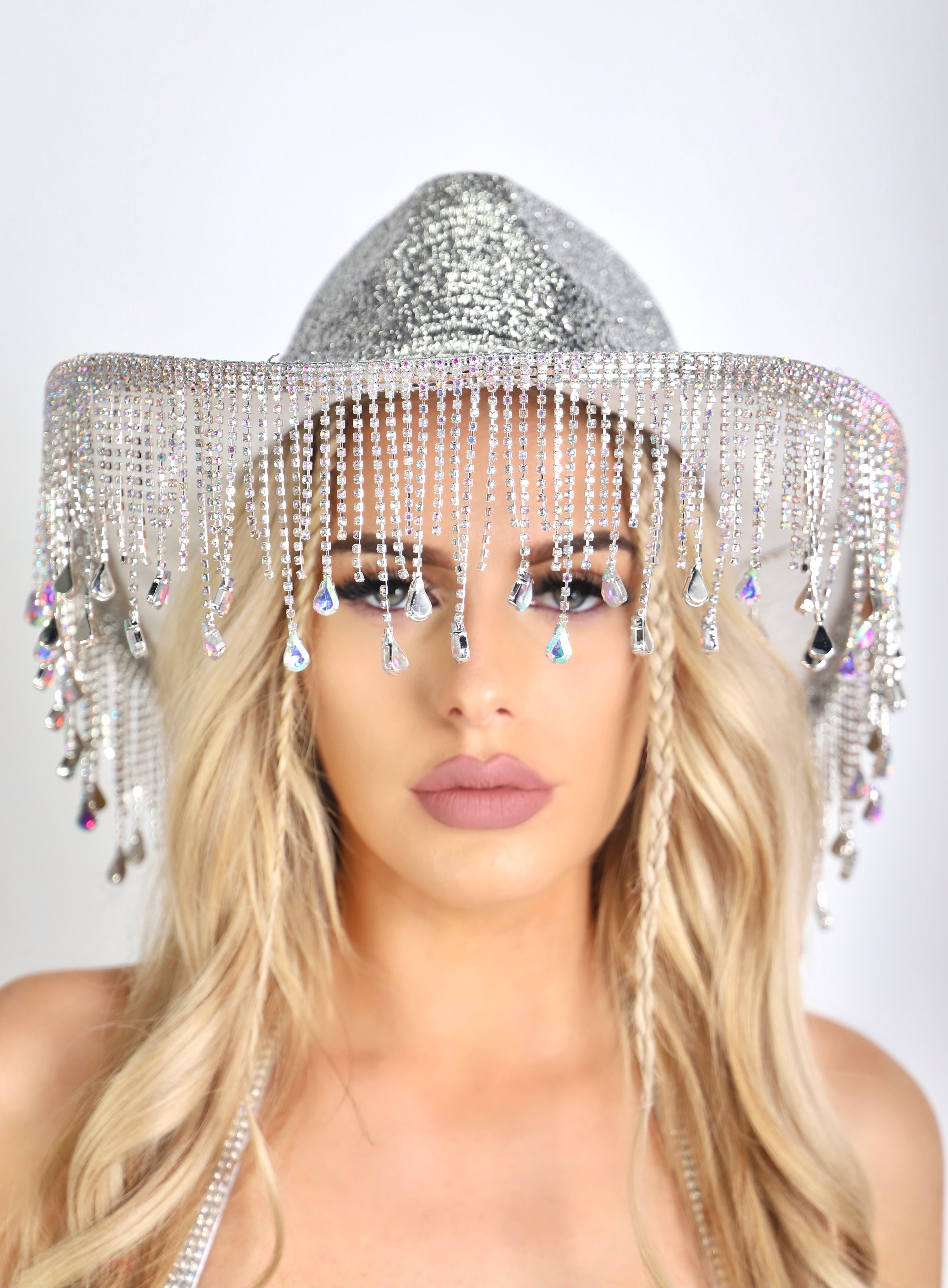 Silver Disco Rhinestone Brim Hat
