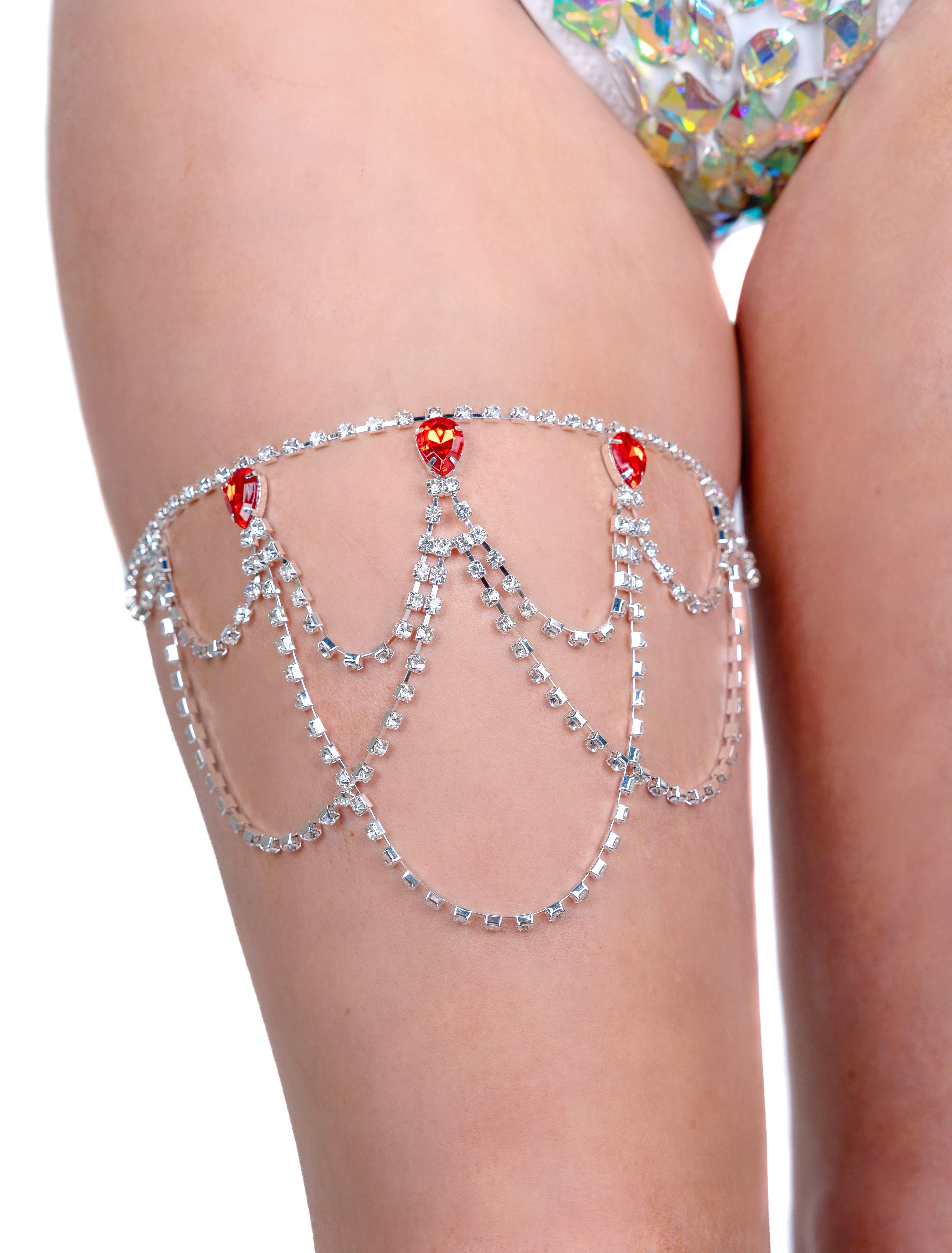 Red Silver Rhinestone Leg Wrap, Leg Chains