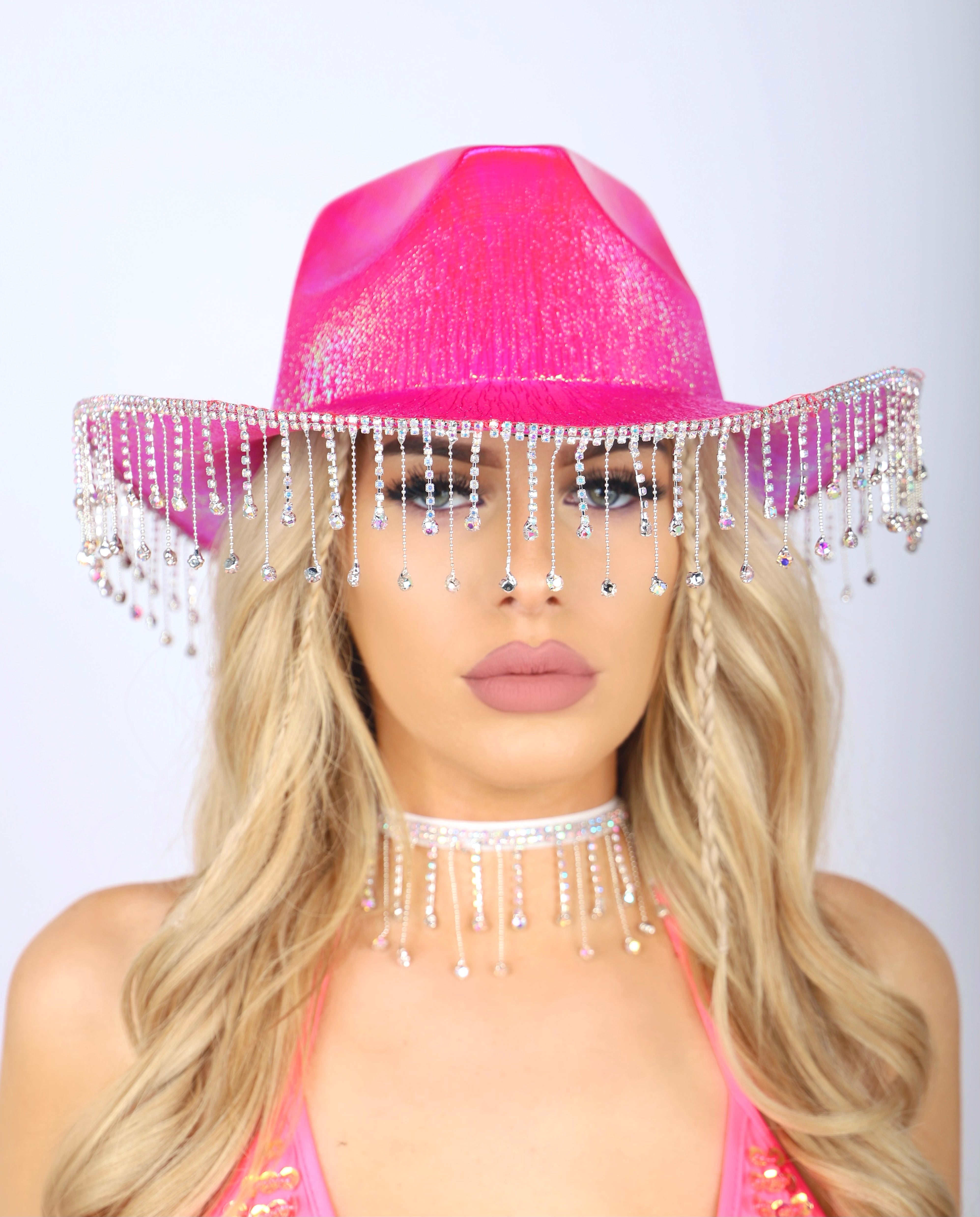 Rose Pink Metallic Rhinestone Festival Hat