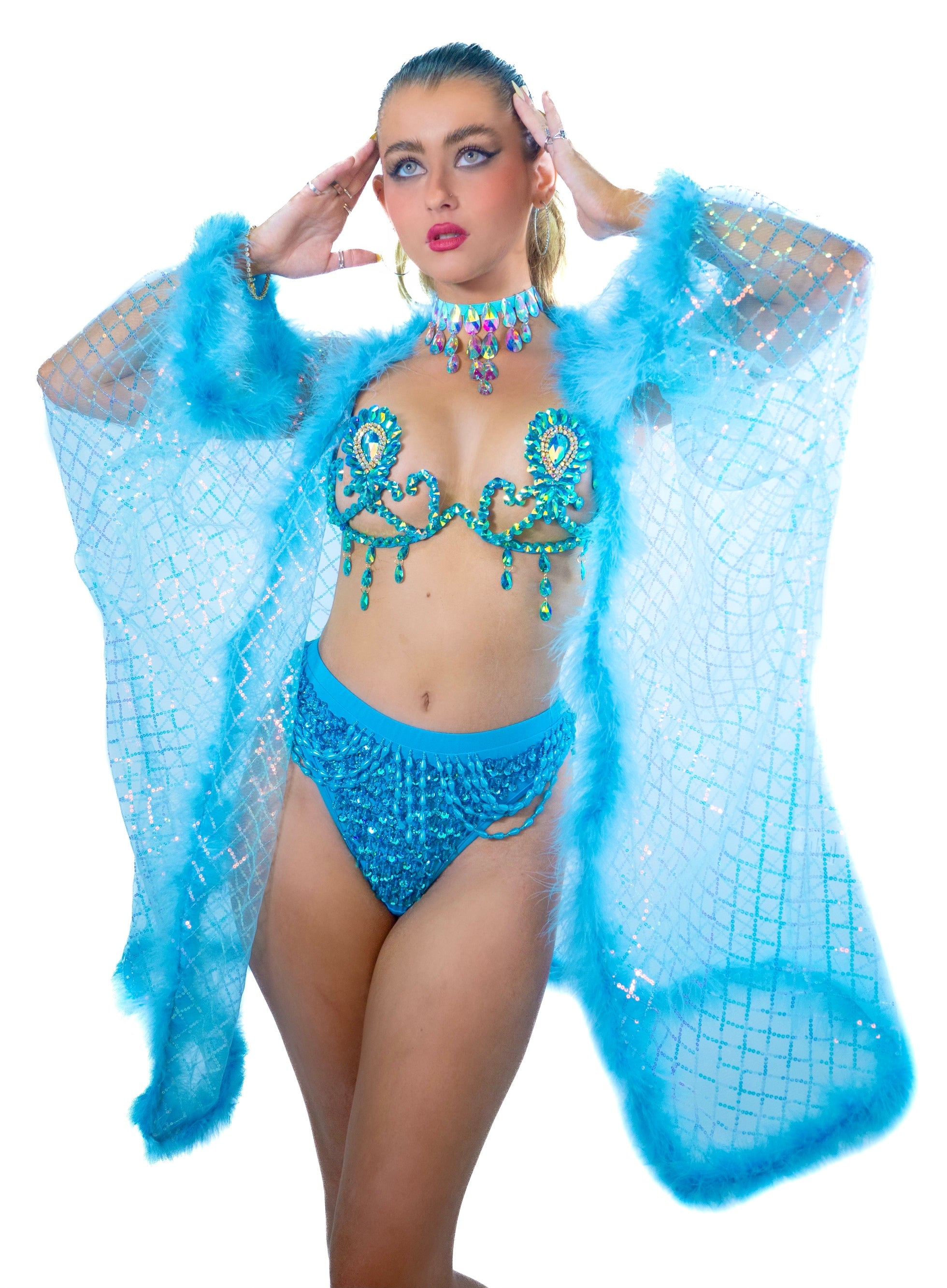 Fuzzy Sequin Kimono- Iridescent Sky Blue