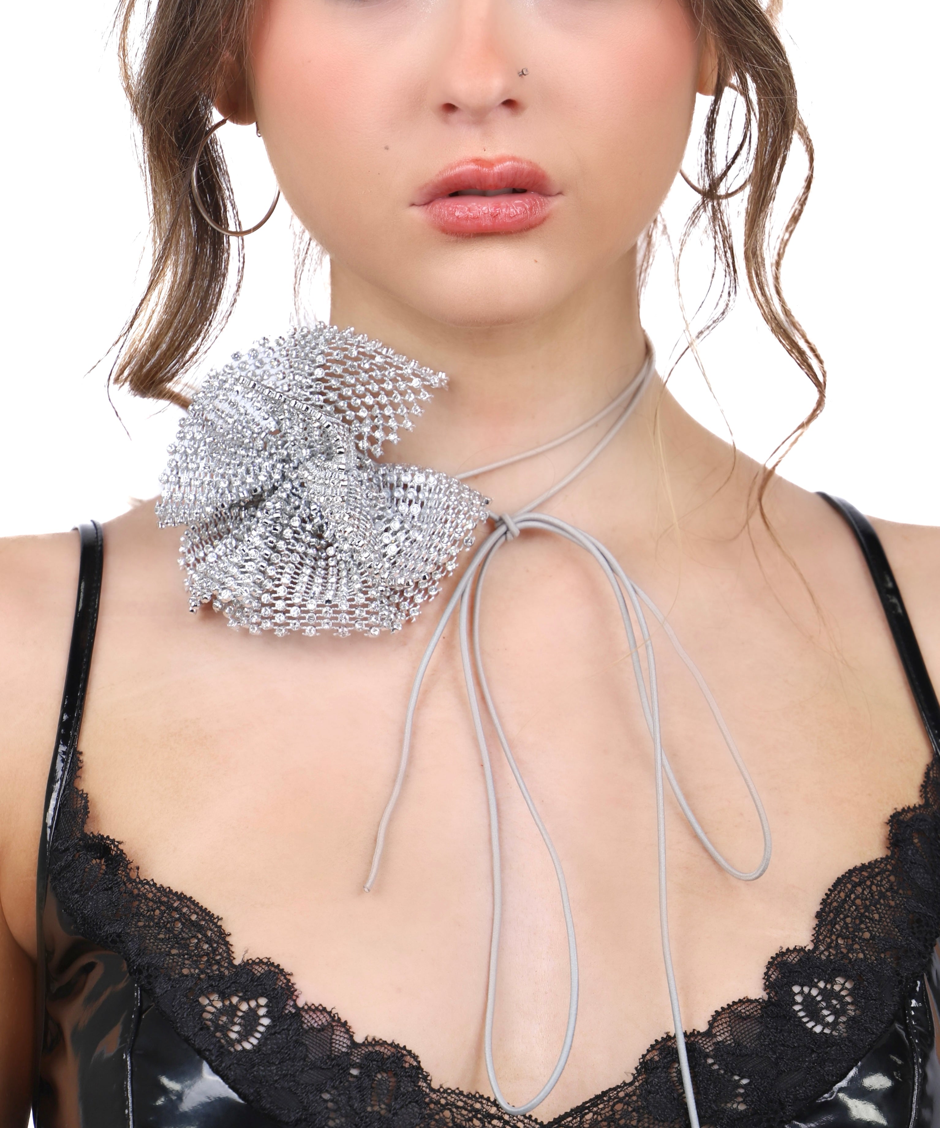 Silver Rose Rhinestone Mesh Necklace