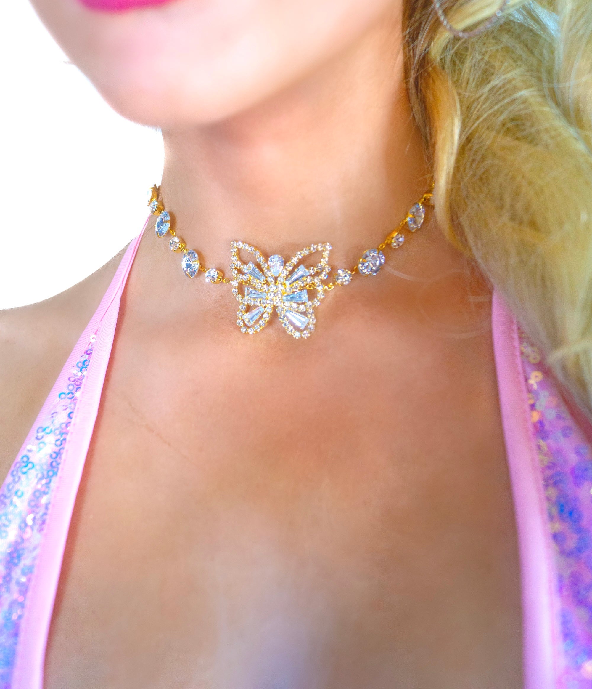 Gold Butterfly Rhinestone Necklace