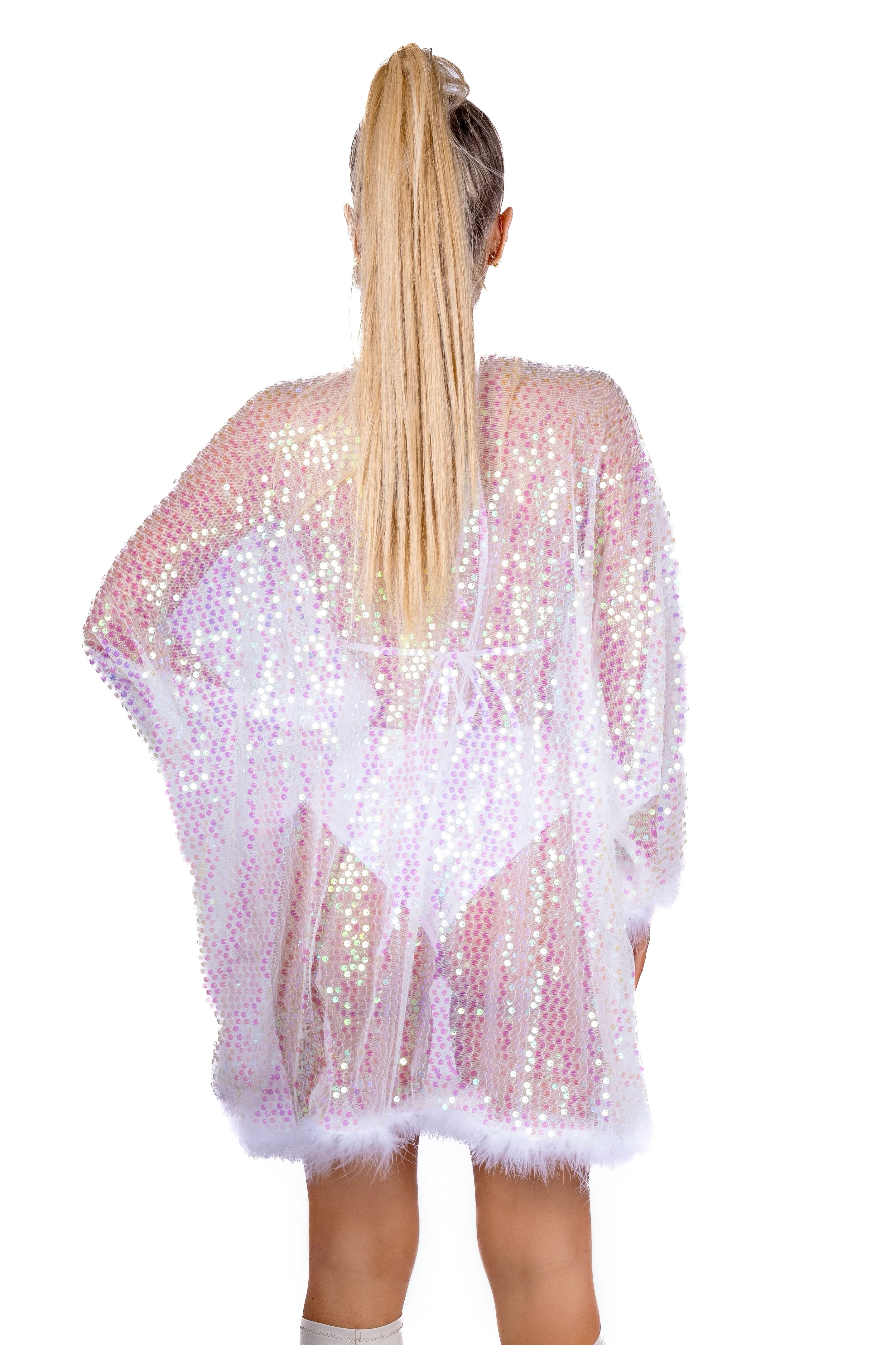 Fuzzy Sequin Kimono- Iridescent Pink