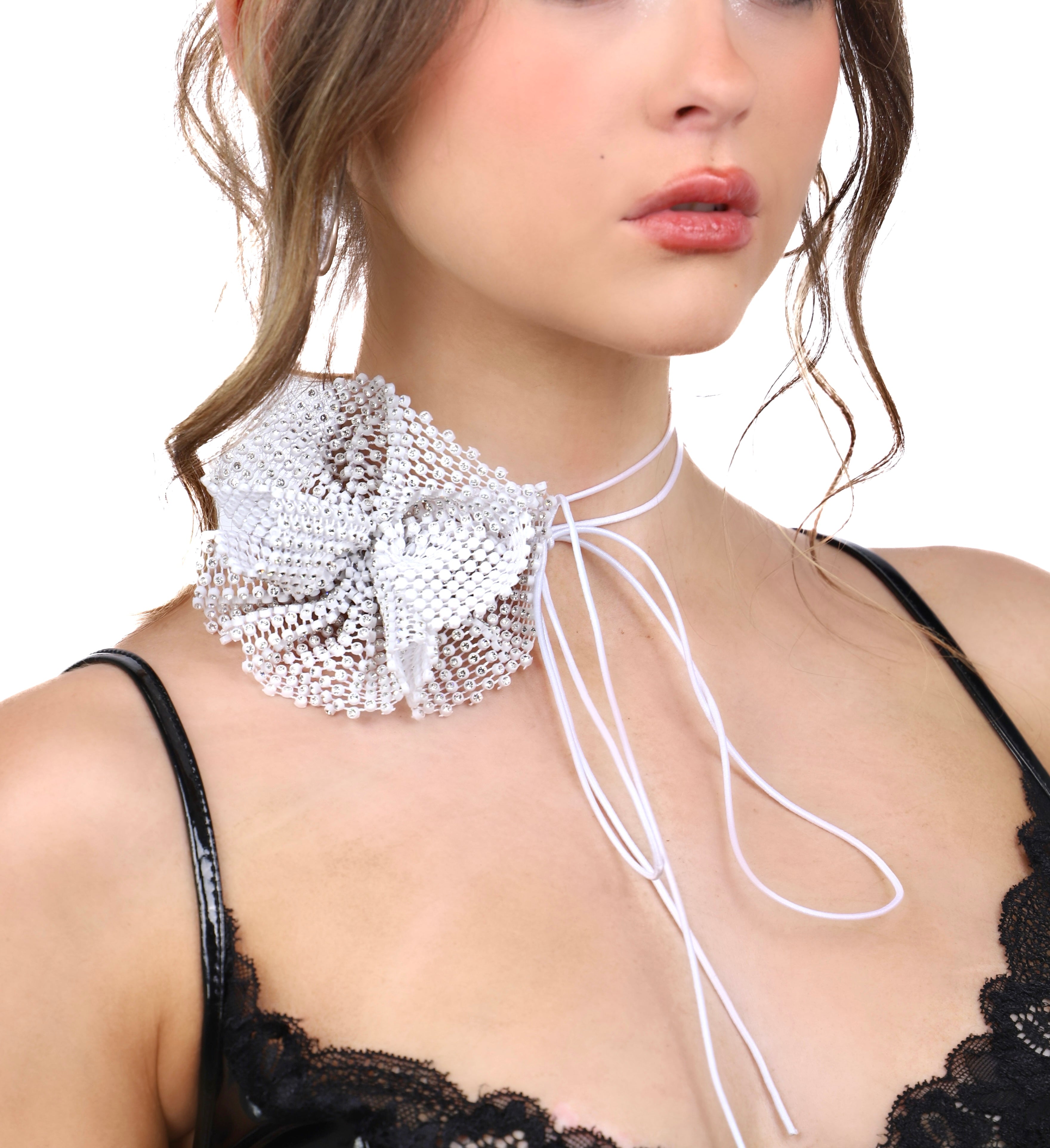 White Rose Rhinestone Mesh Necklace