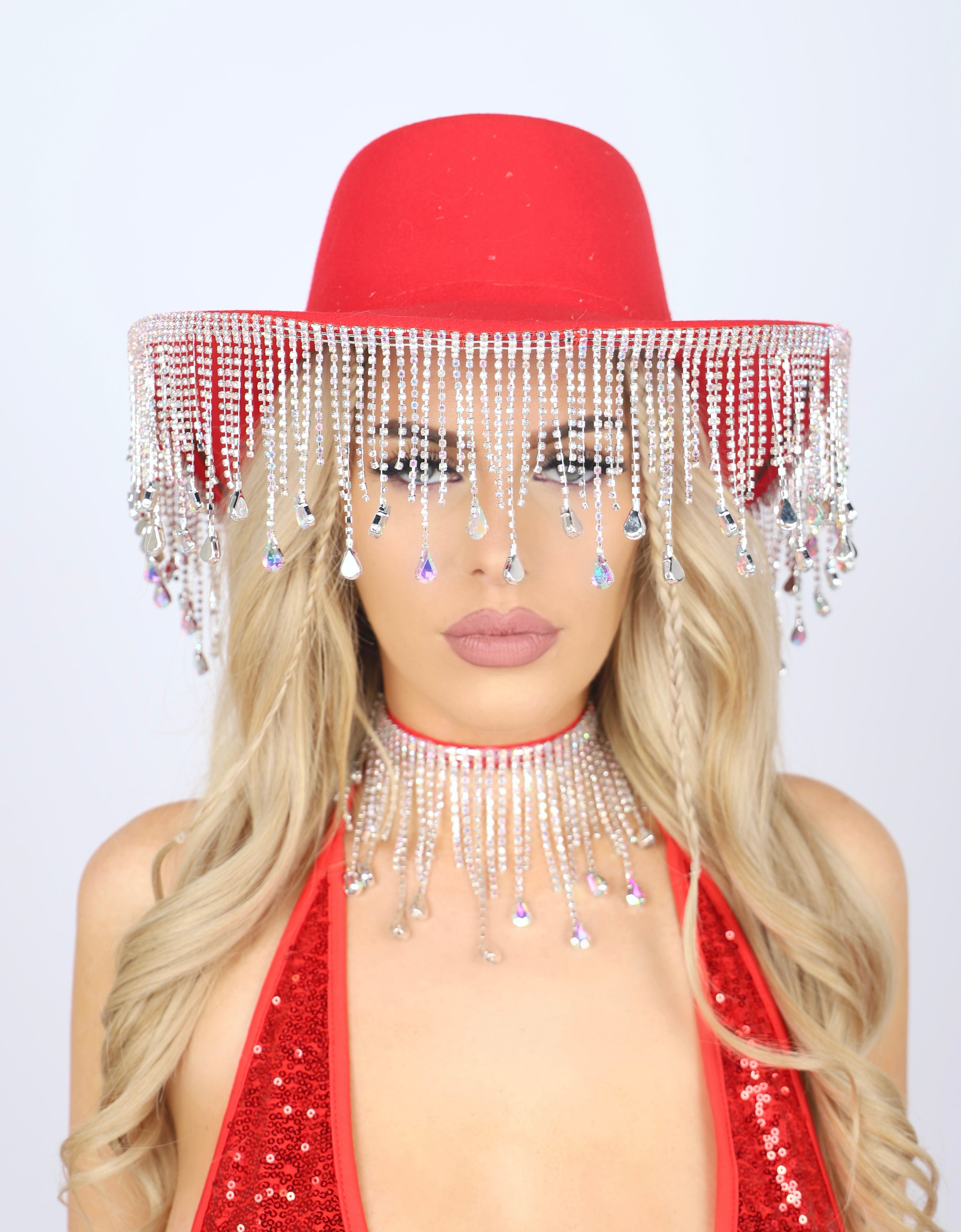 Red Iridescent Rhinestone Brim Hat