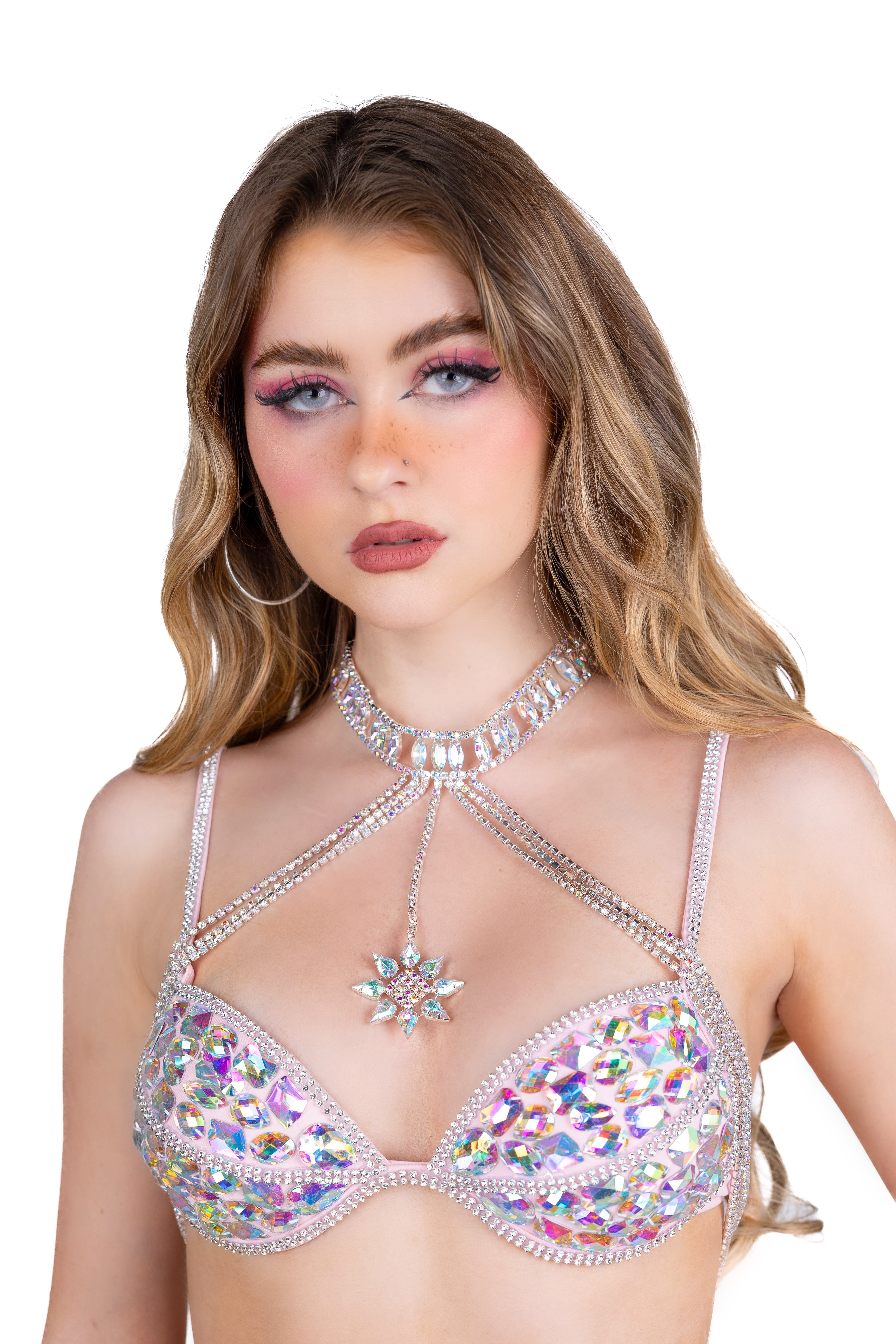 AB Silver Iridescent Rhinestone Body Necklace