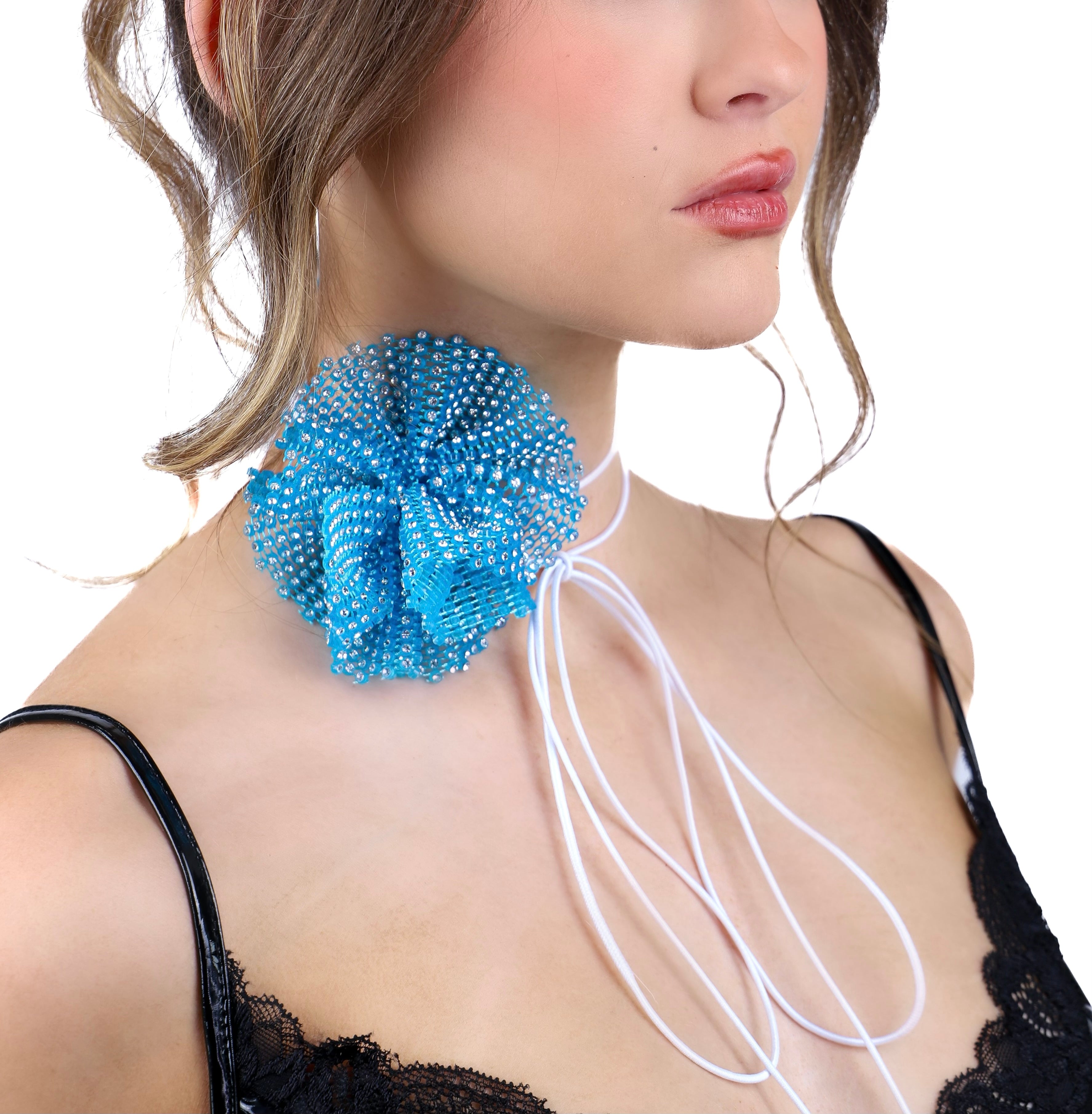 Blue Rose Rhinestone Mesh Necklace