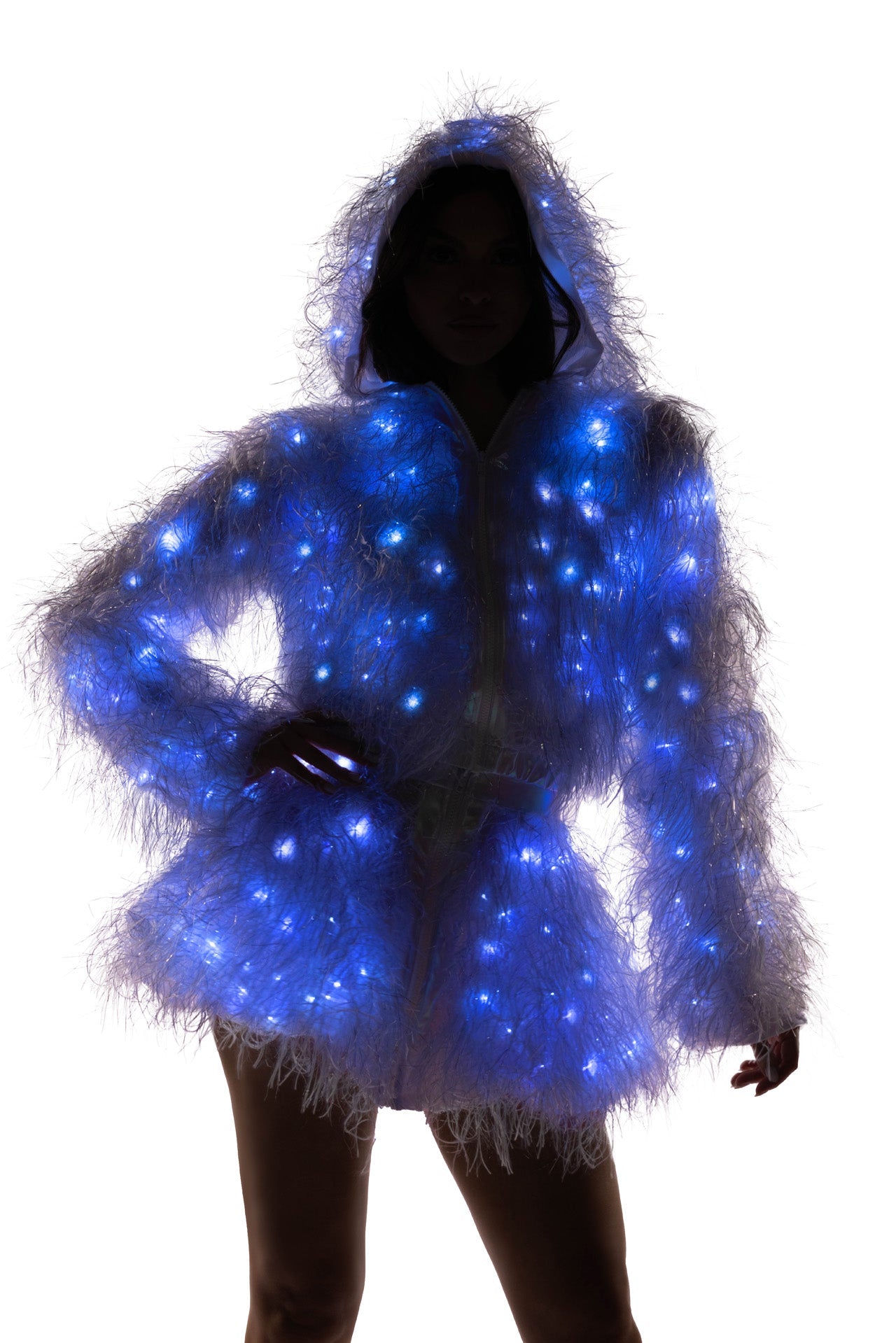 FE298 - Light-Up Lurex Shag Hooded Cropped Jacket