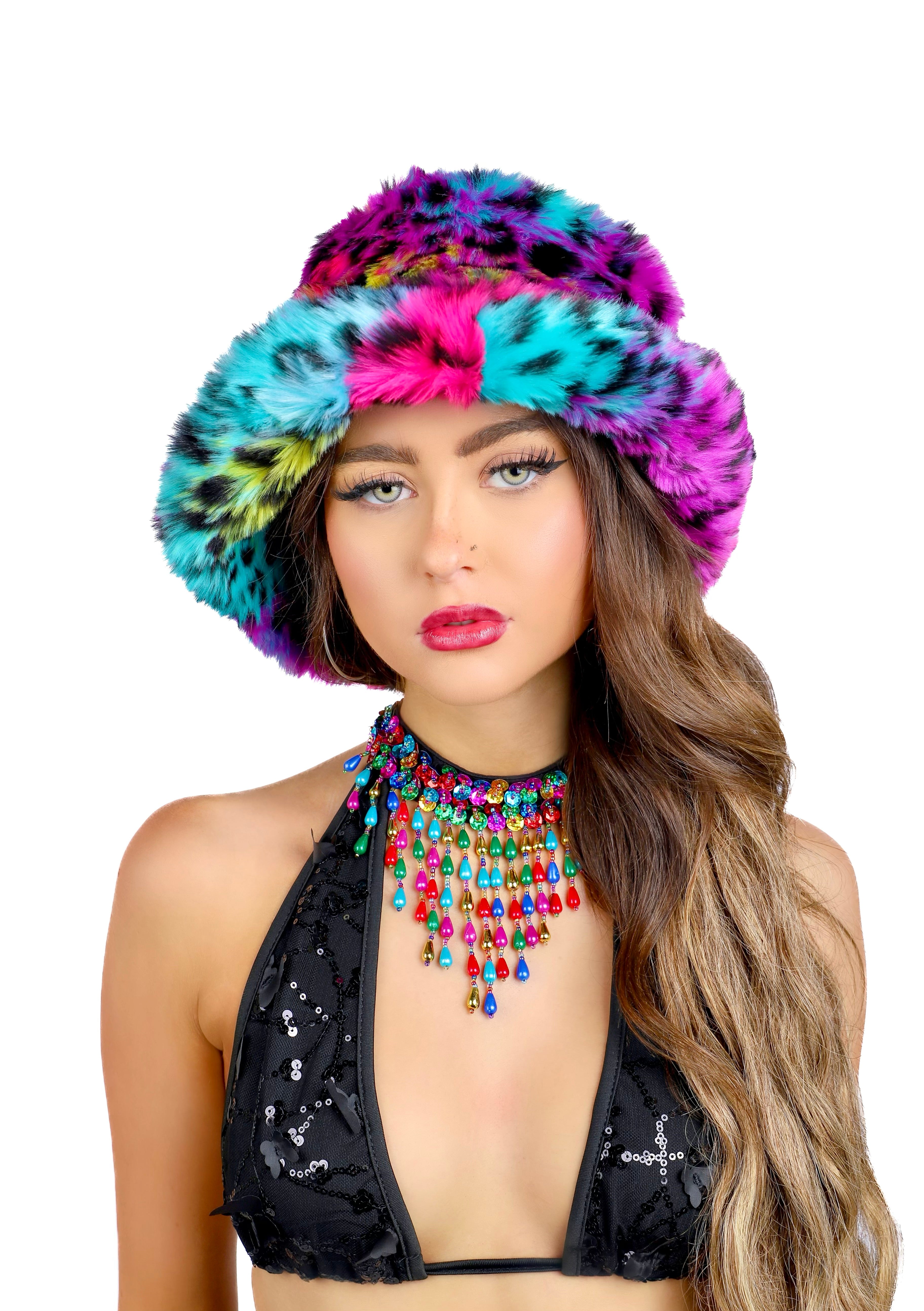 Neon Rainbow Fuzzy Hat