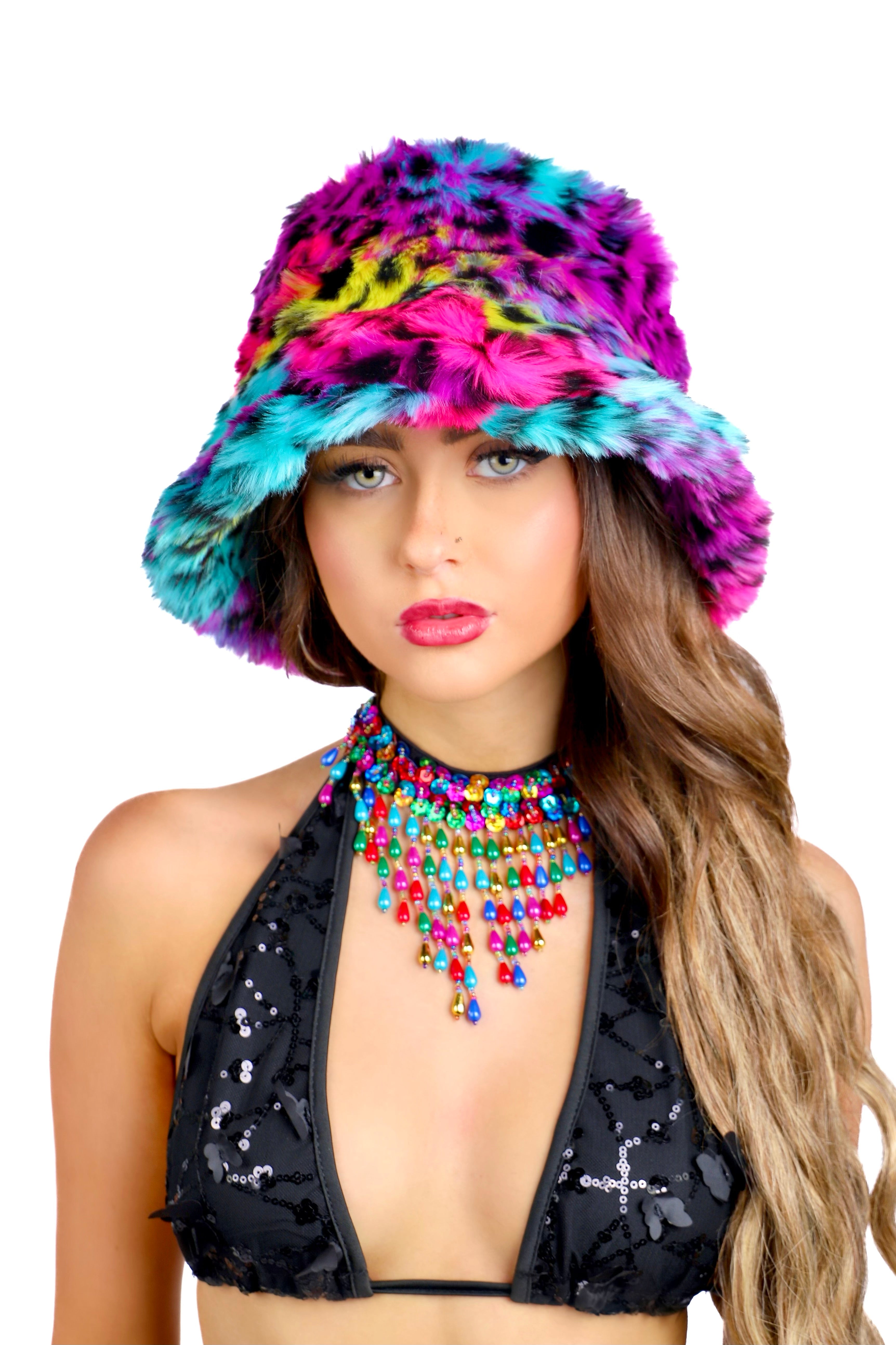 Neon Rainbow Fuzzy Hat