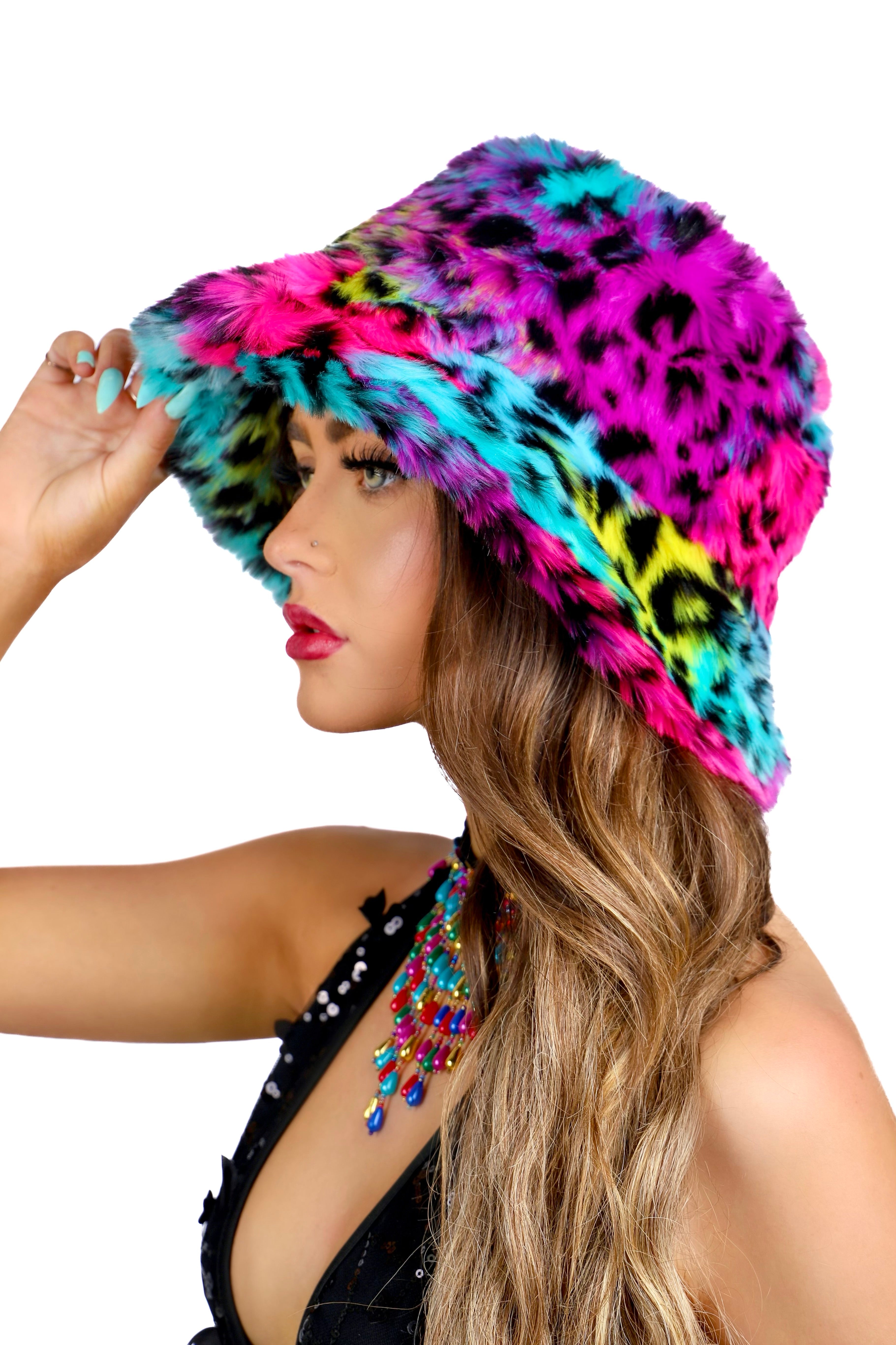 Neon Rainbow Fuzzy Hat