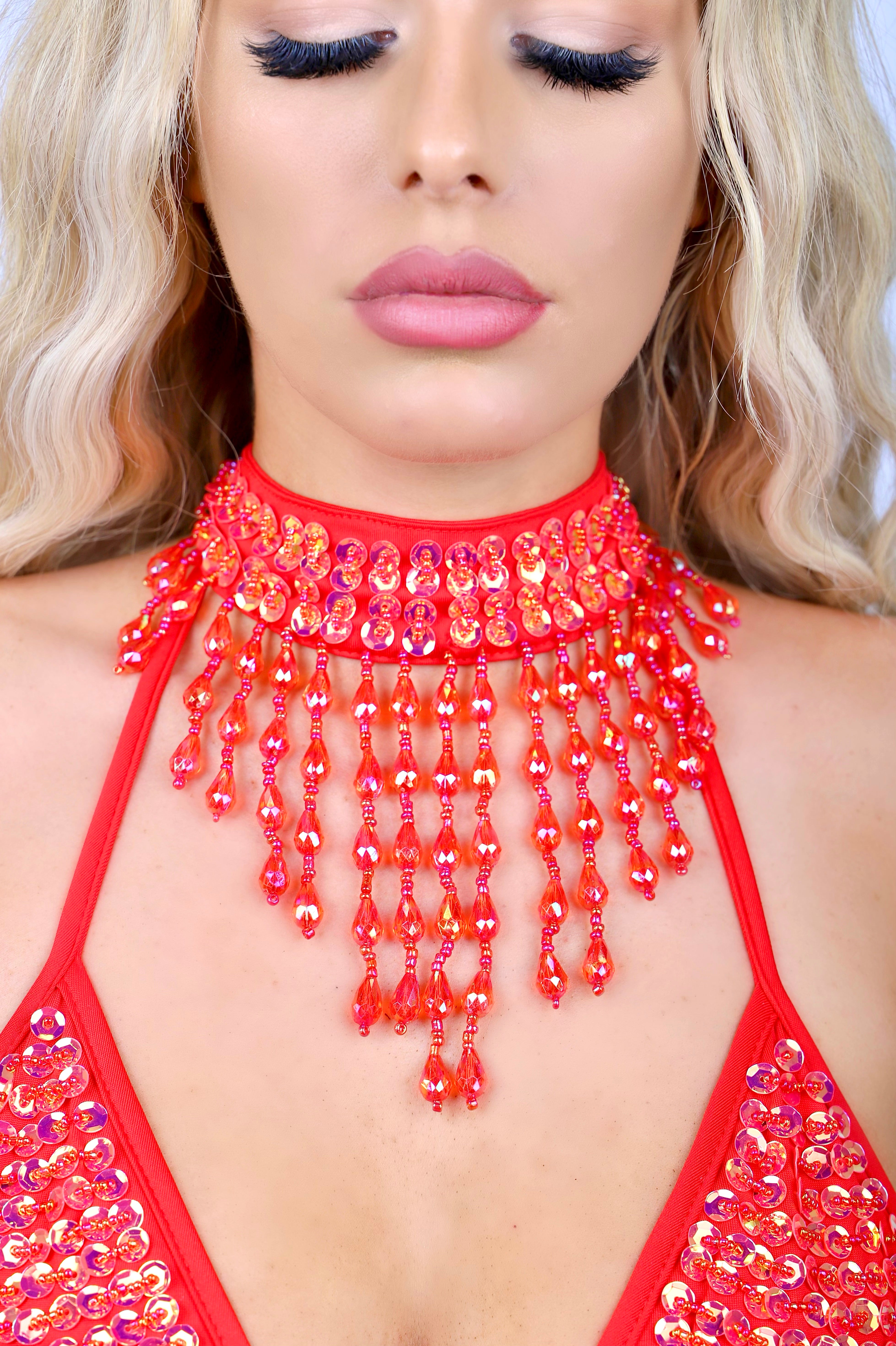 Hand Stitched Sequin Choker- Flame Red