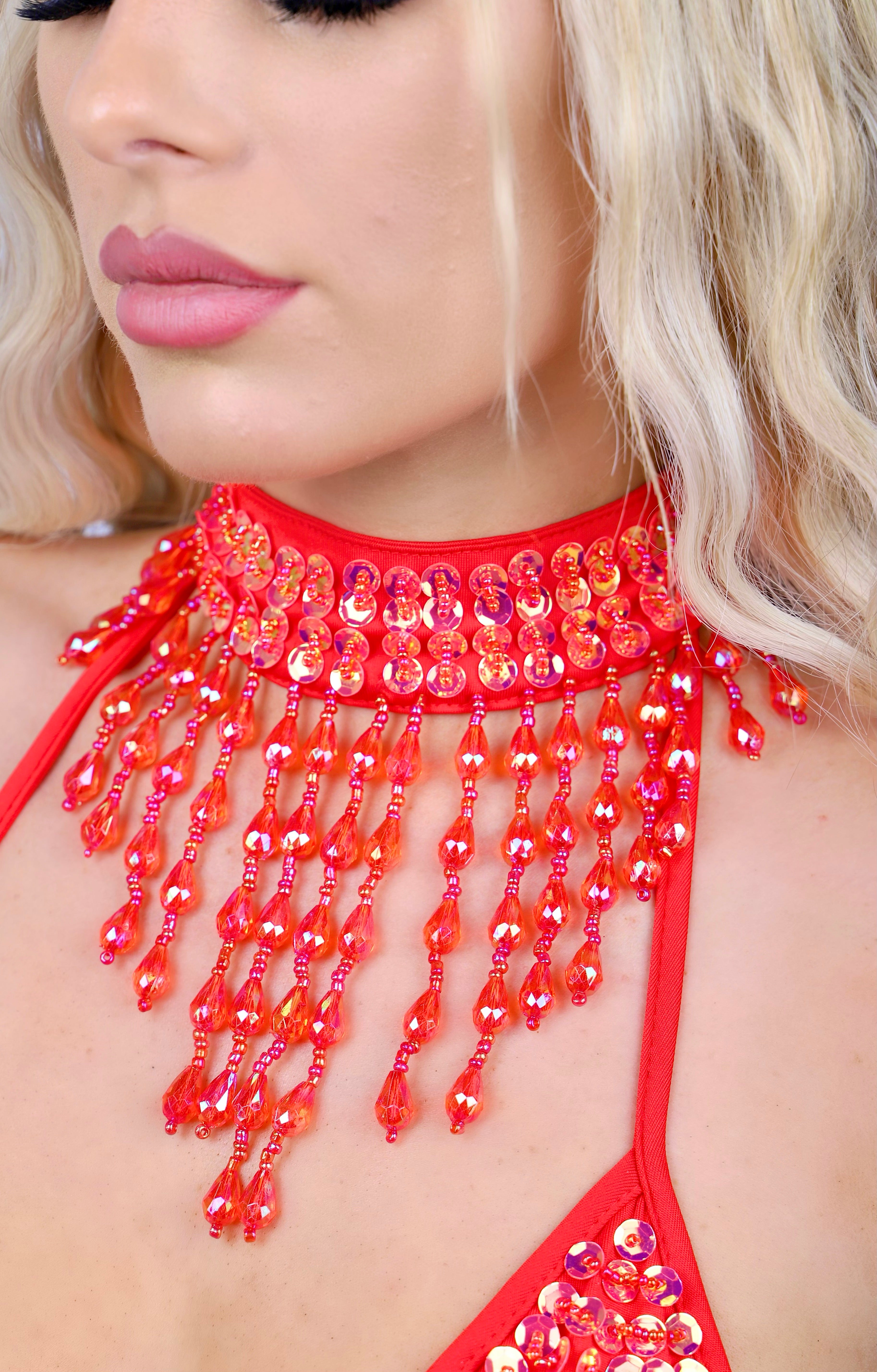 Hand Stitched Sequin Choker- Flame Red