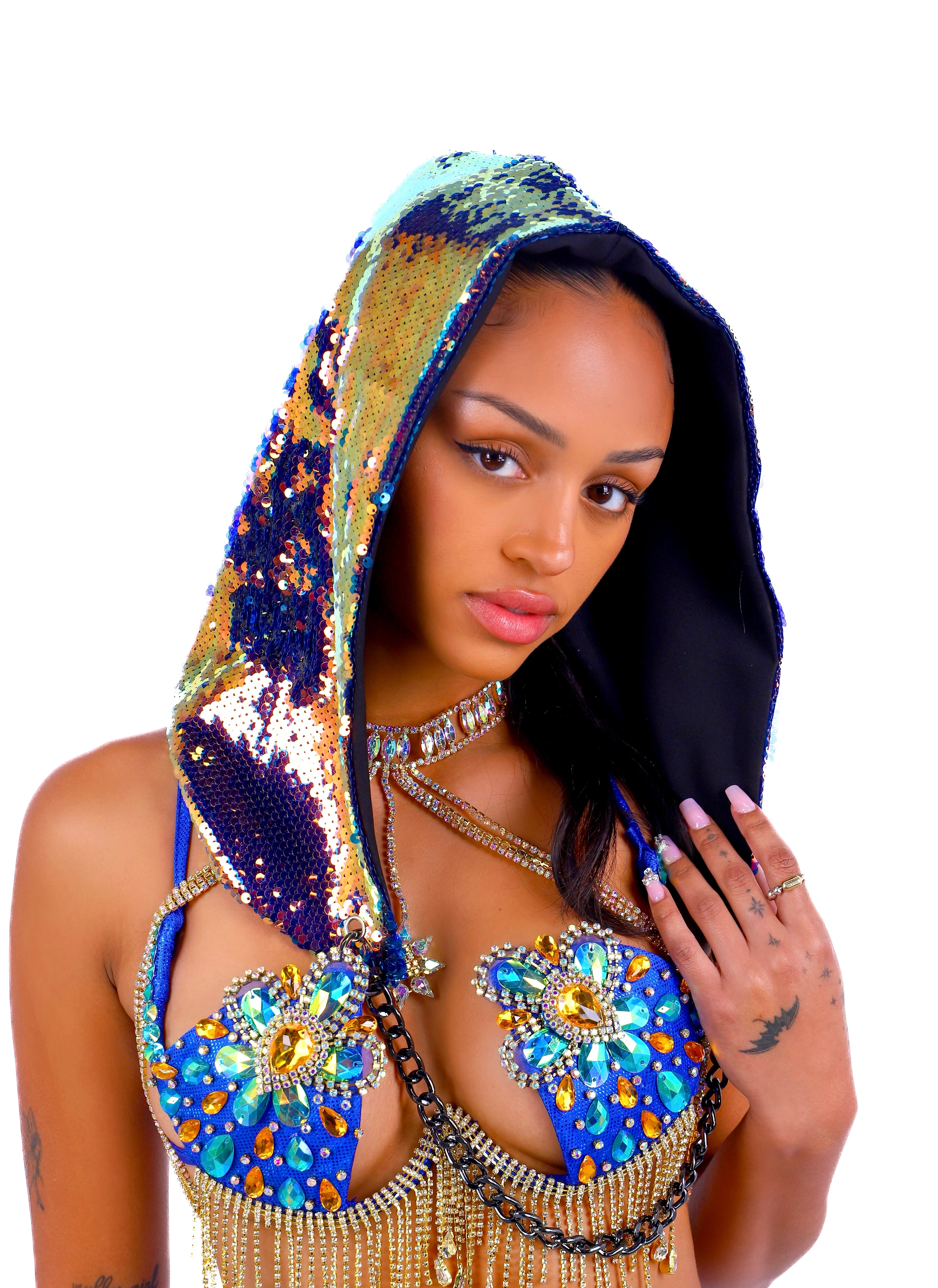 Gold/ Blue Sequin Hood