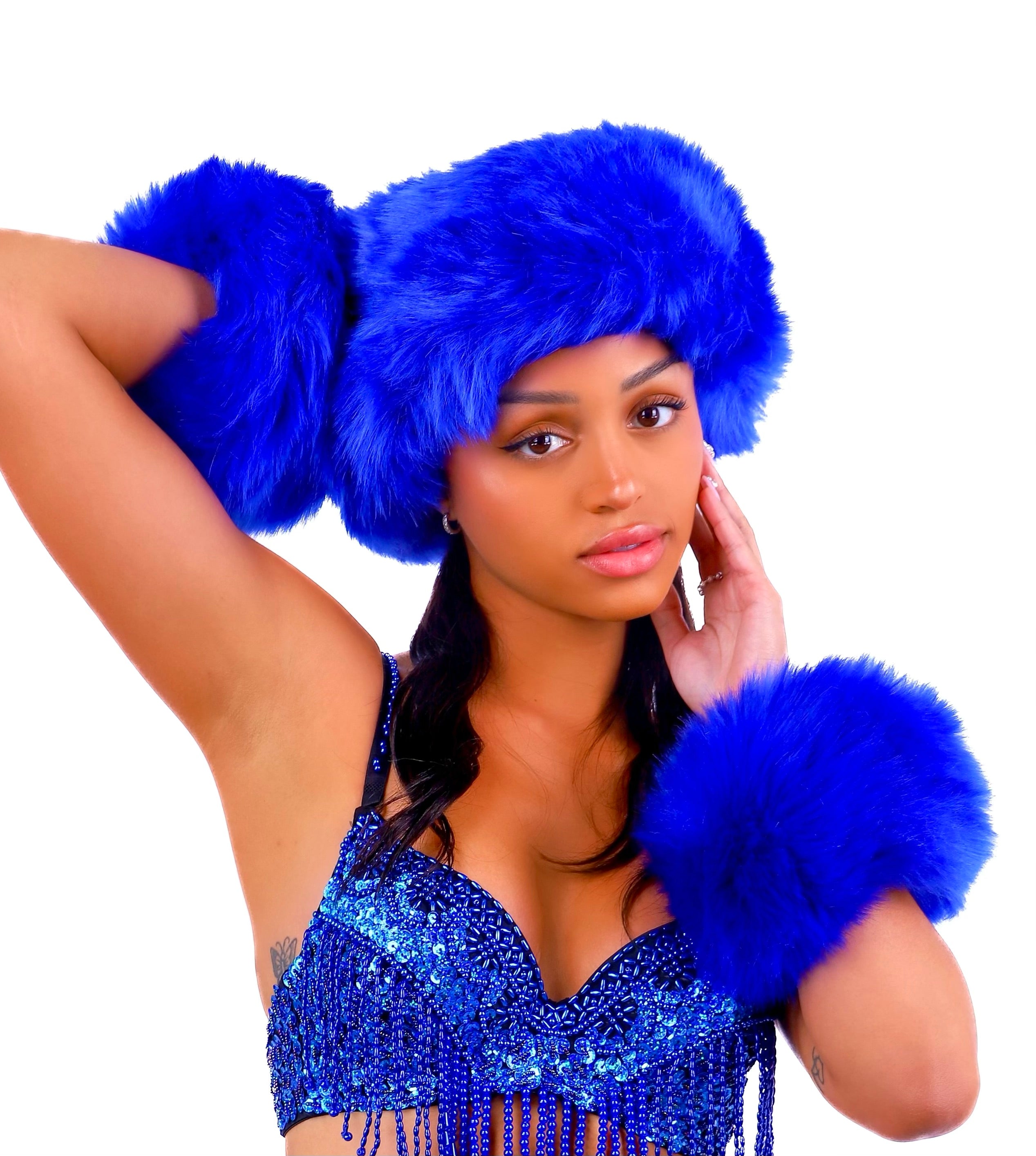 Royal Blue Fuzzy Headband and Wrist Cuffs Set