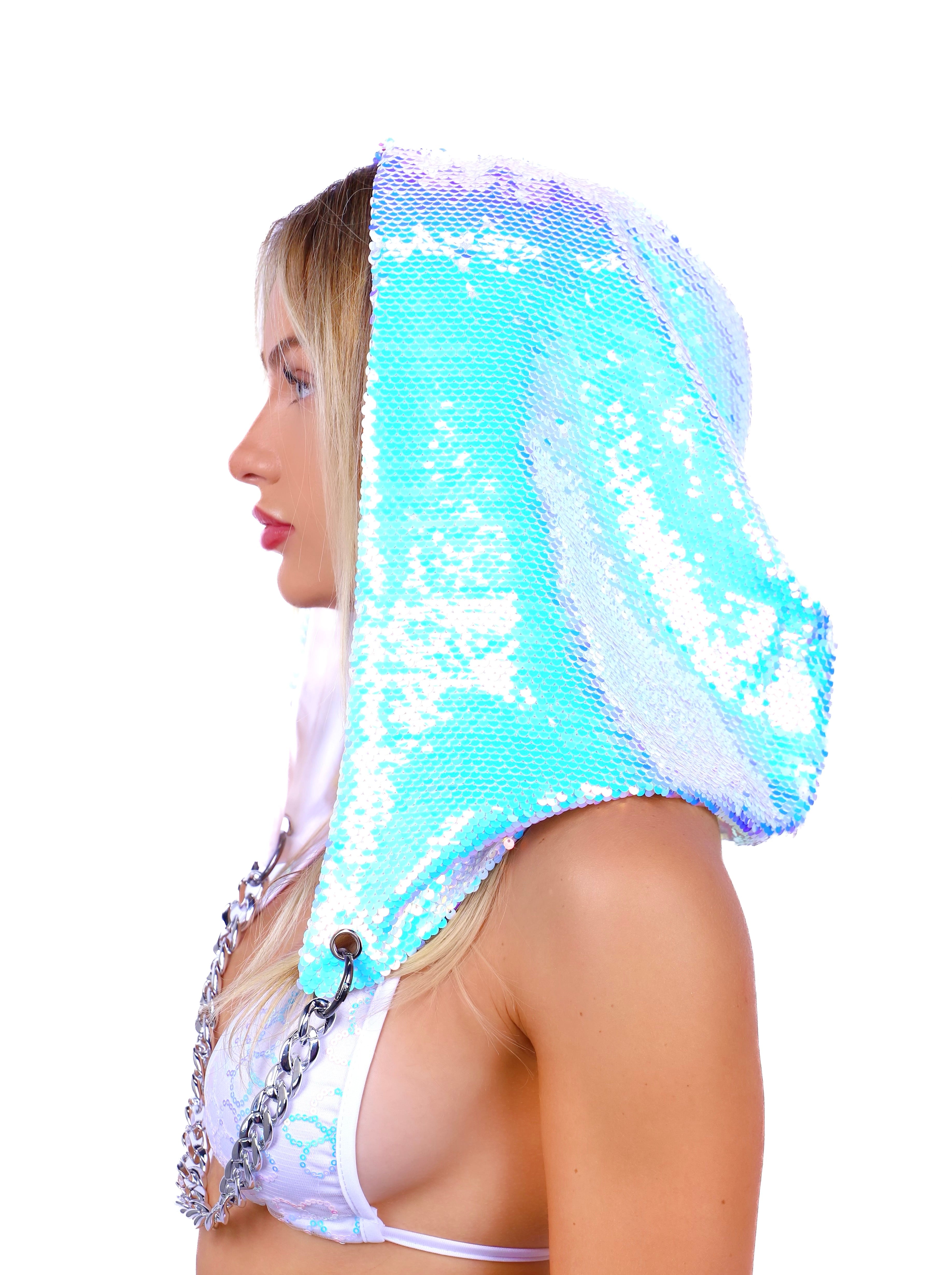 Reversible Sequin Hood - Iridescent & blue