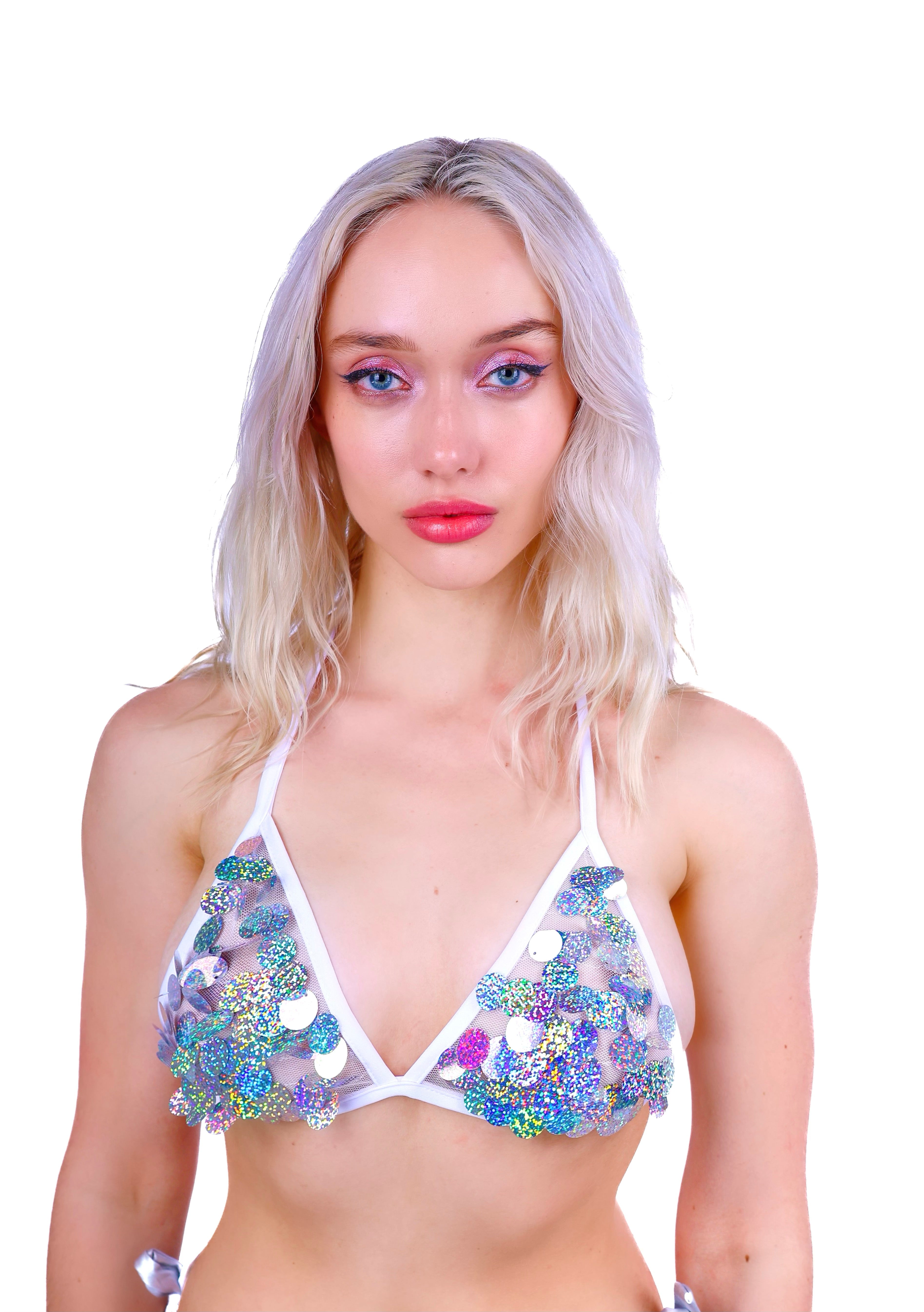 Silver Holographic Dance Sequin Triangle Top