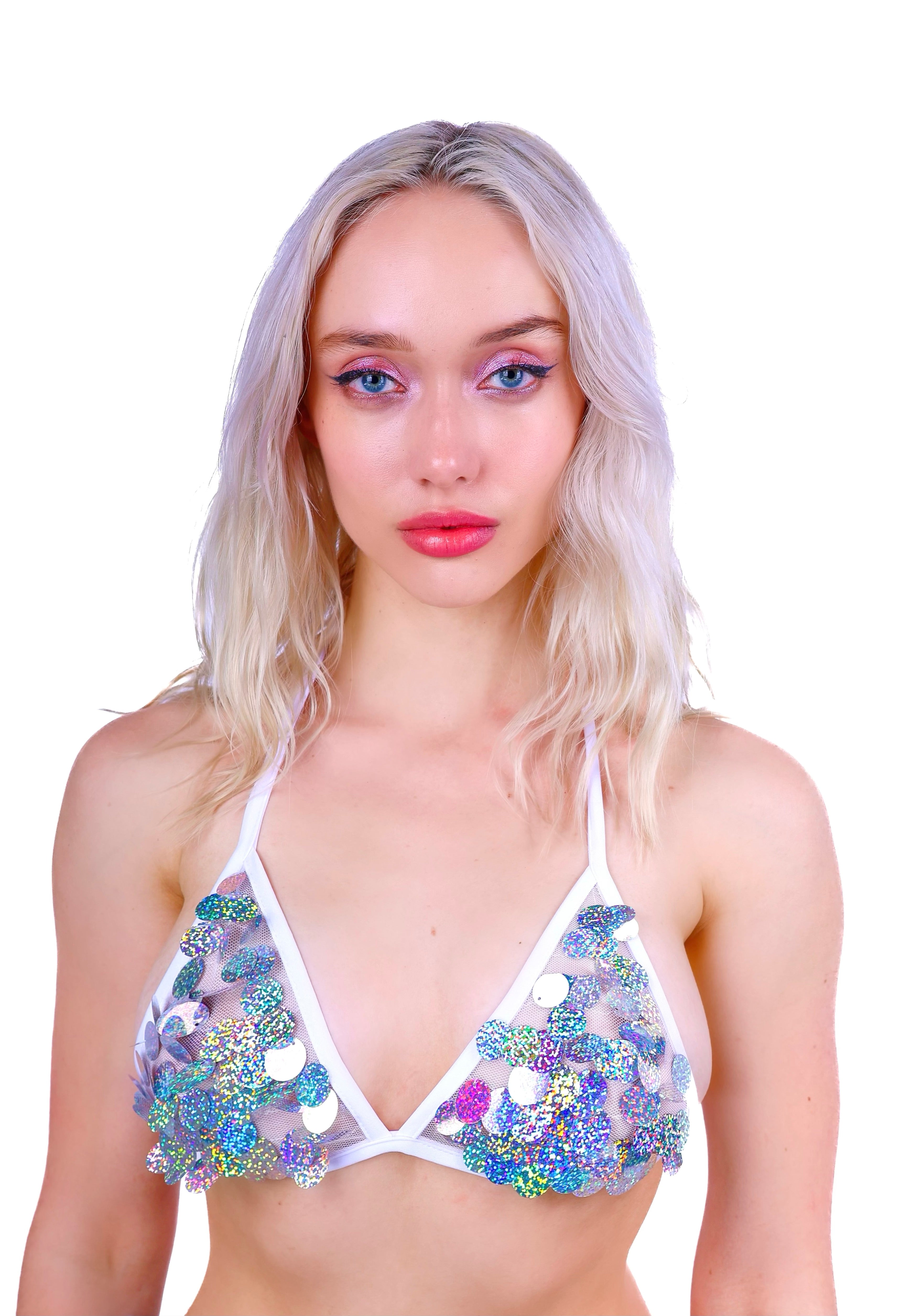 Silver Holographic Dance Sequin Triangle Top