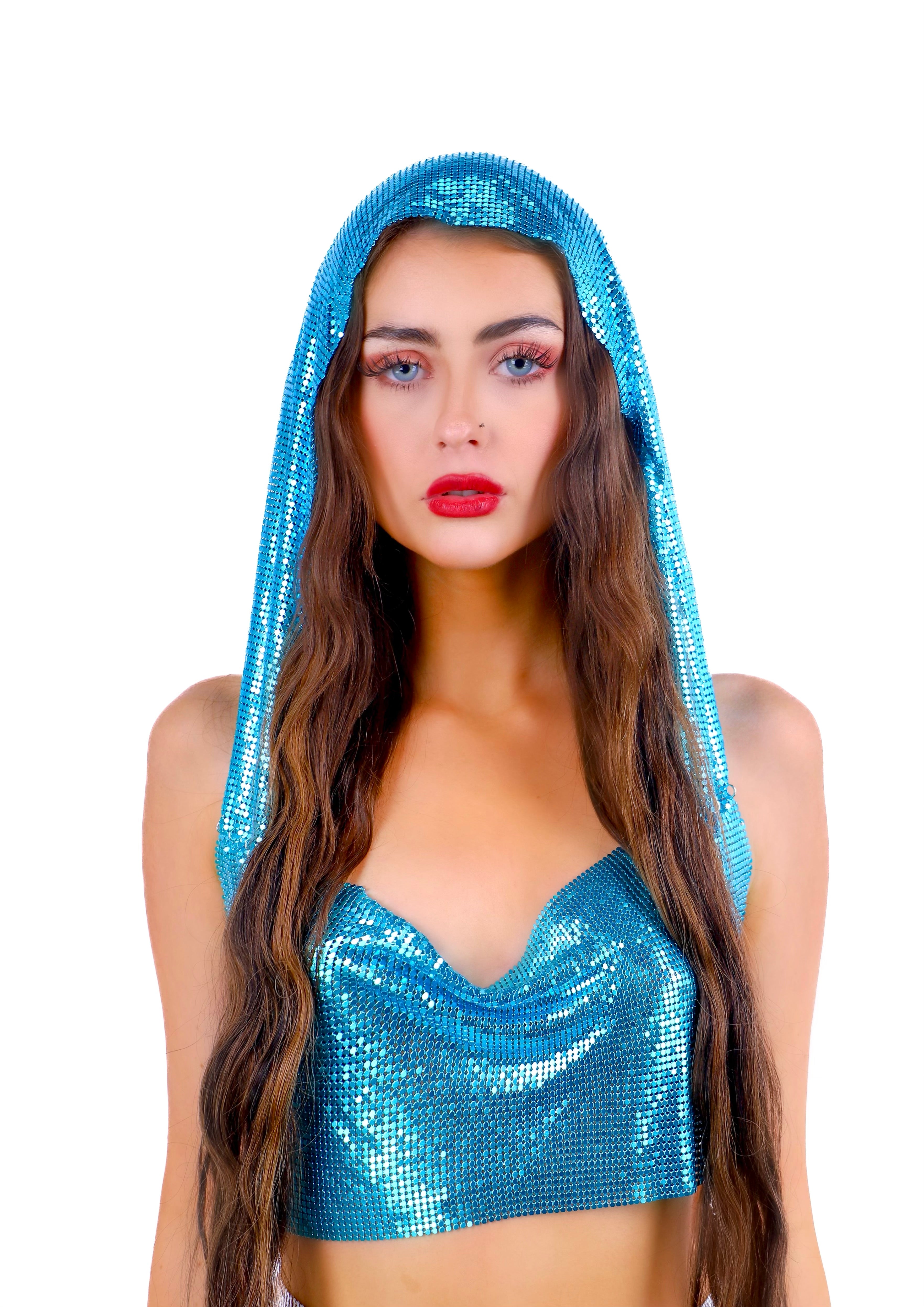 Aqua Hooded Metallic Top