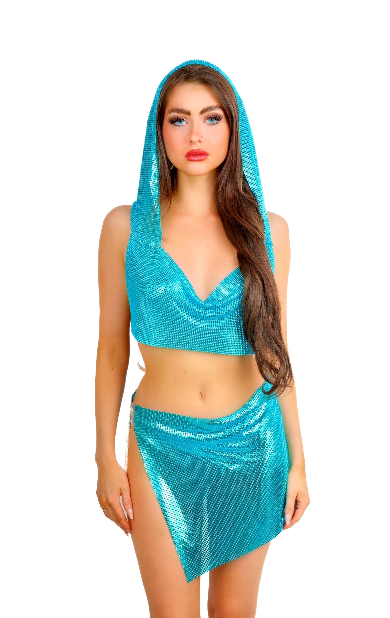 Aqua Blue Hooded Metallic Set