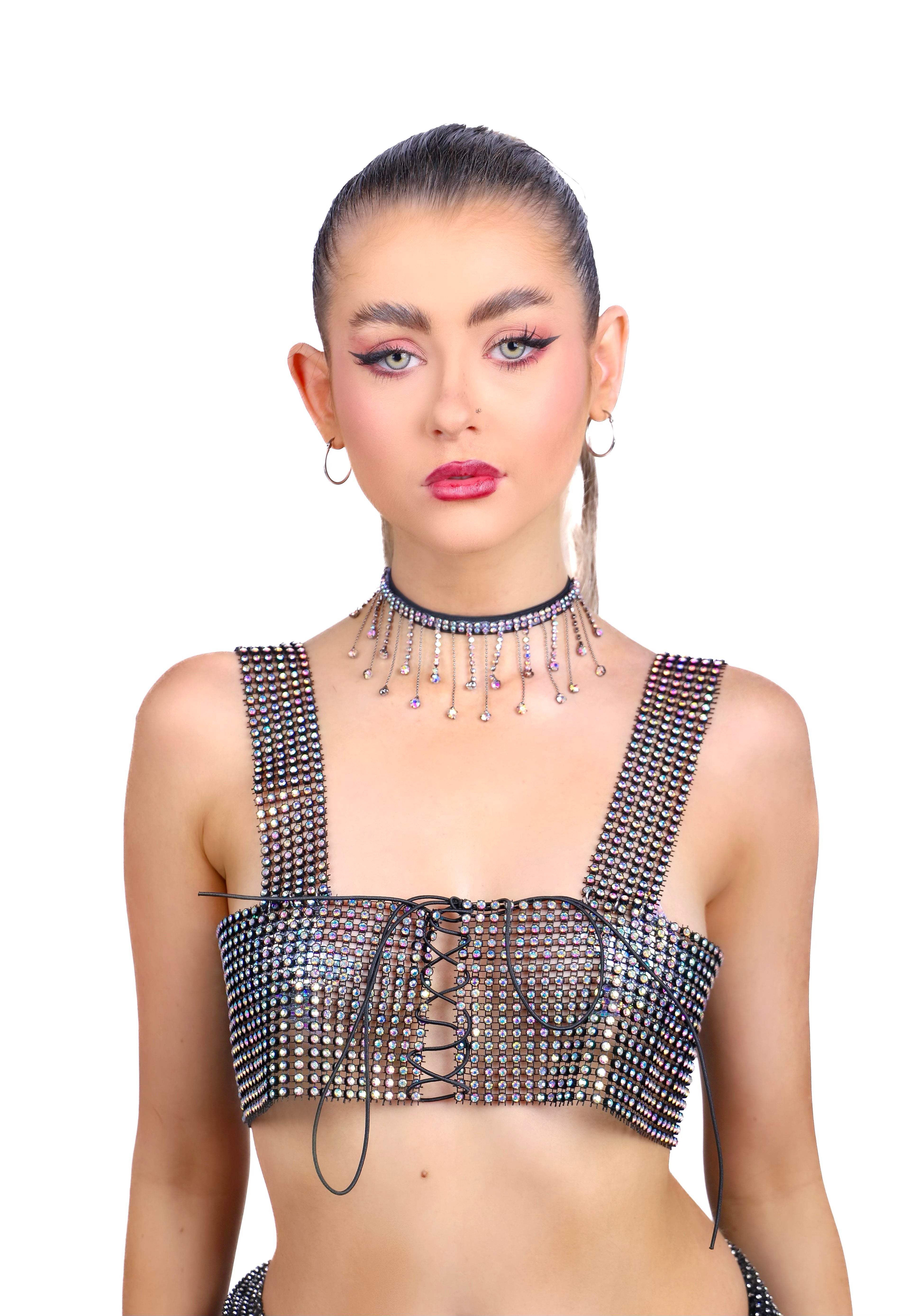 Rhinestone Fishnet Mesh Top- Guardian Diva