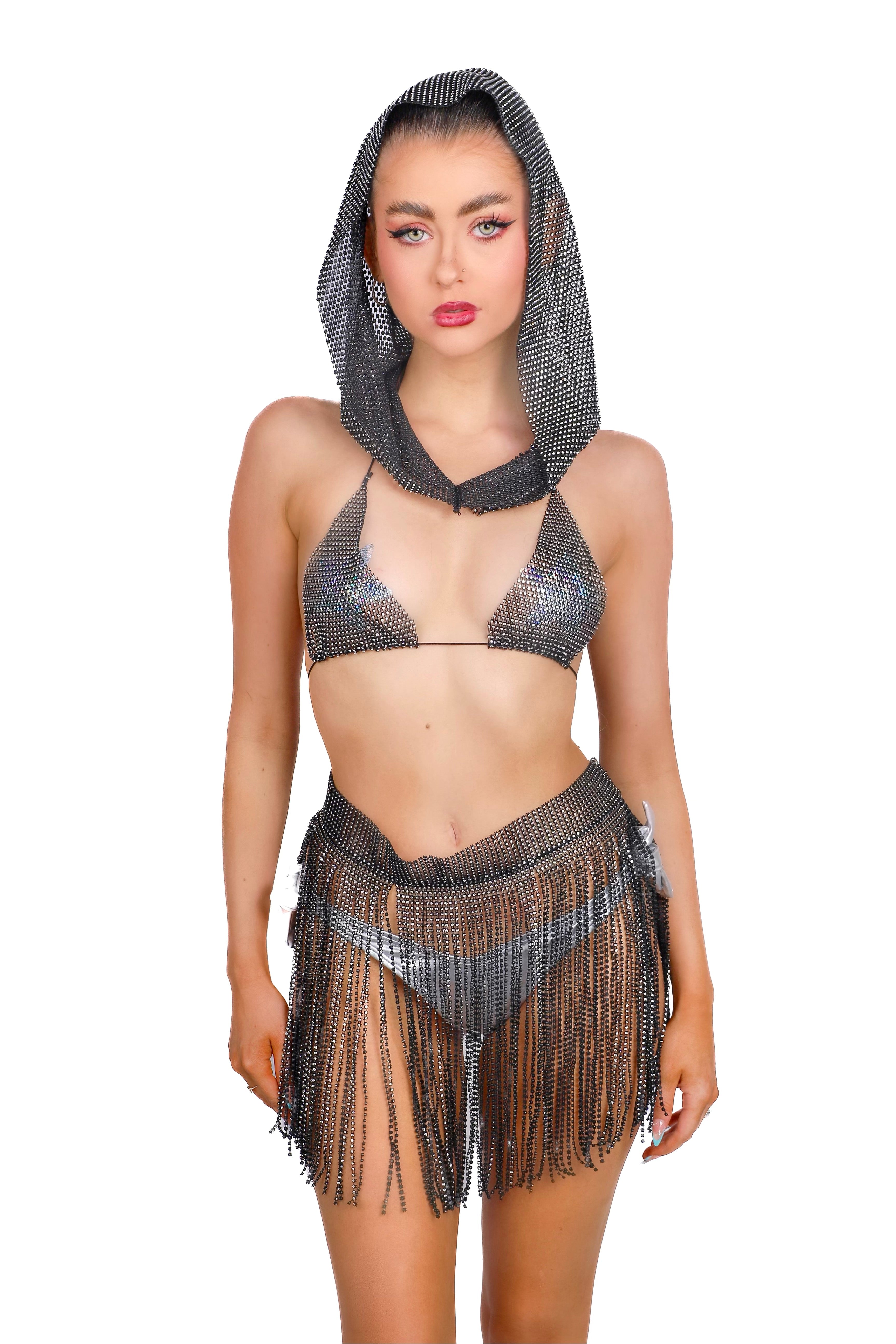 Rhinestone Fishnet Mesh Hood