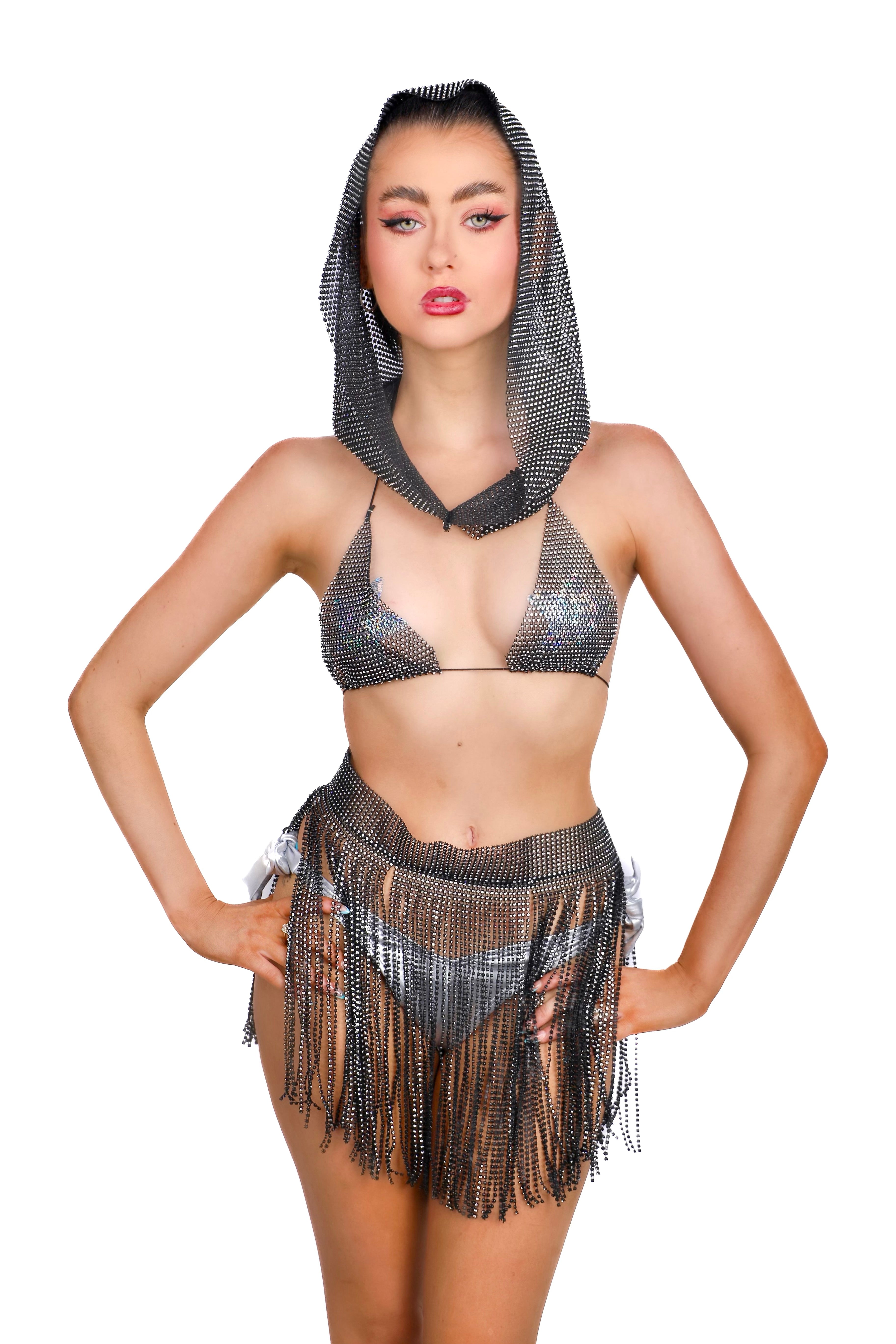 Rhinestone Fishnet Mesh Hood