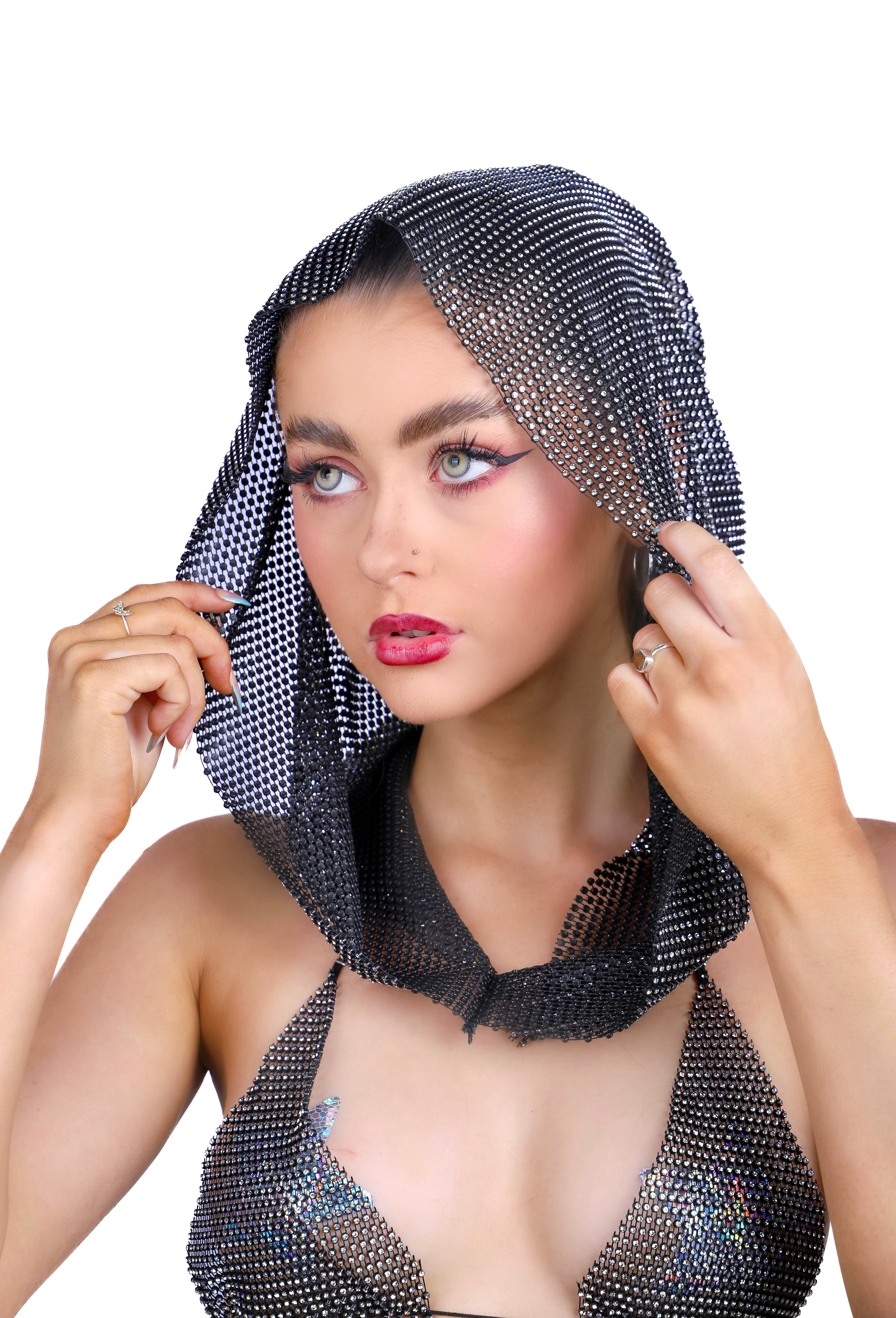 Rhinestone Fishnet Mesh Hood