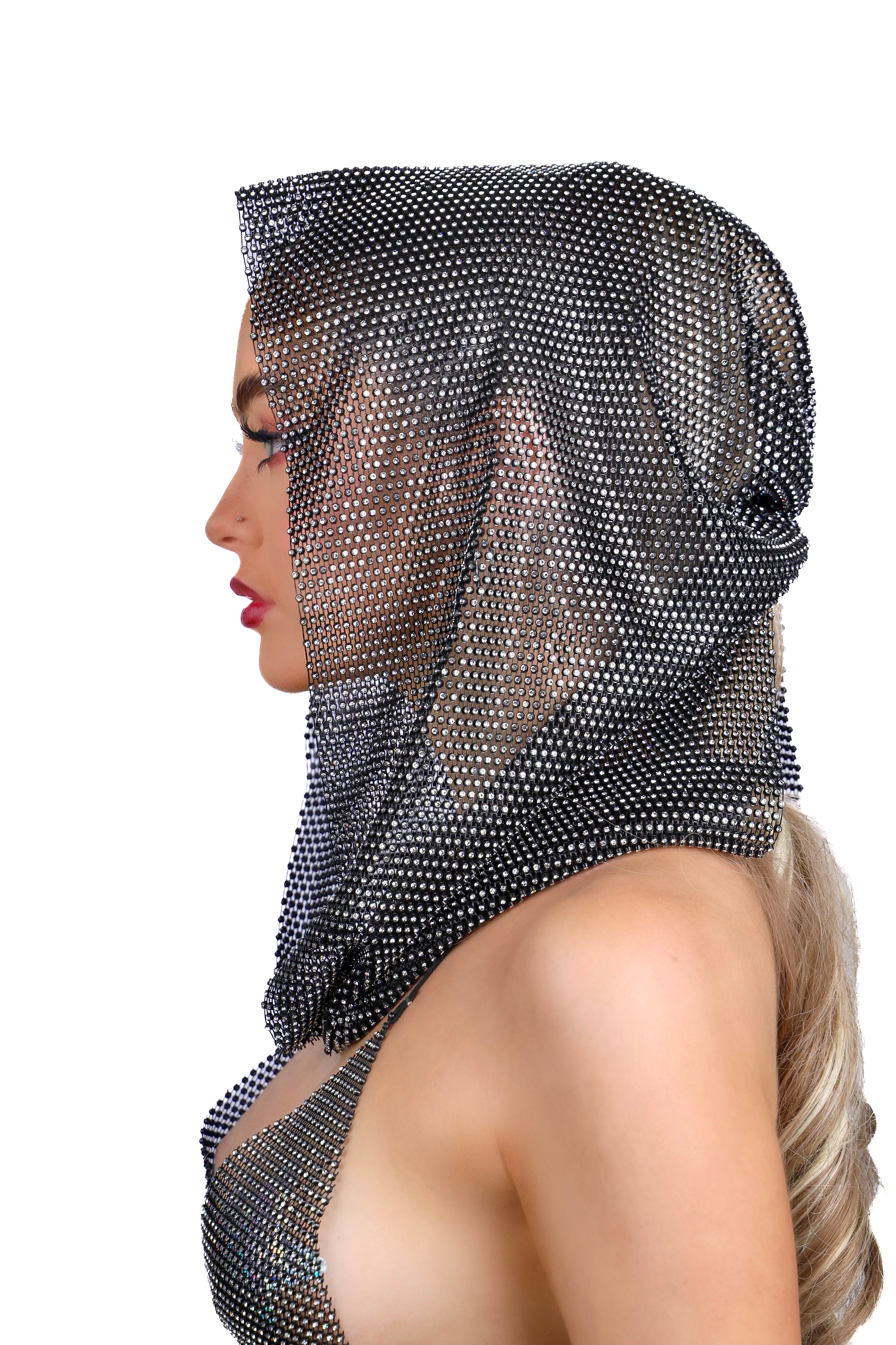 Rhinestone Fishnet Mesh Hood