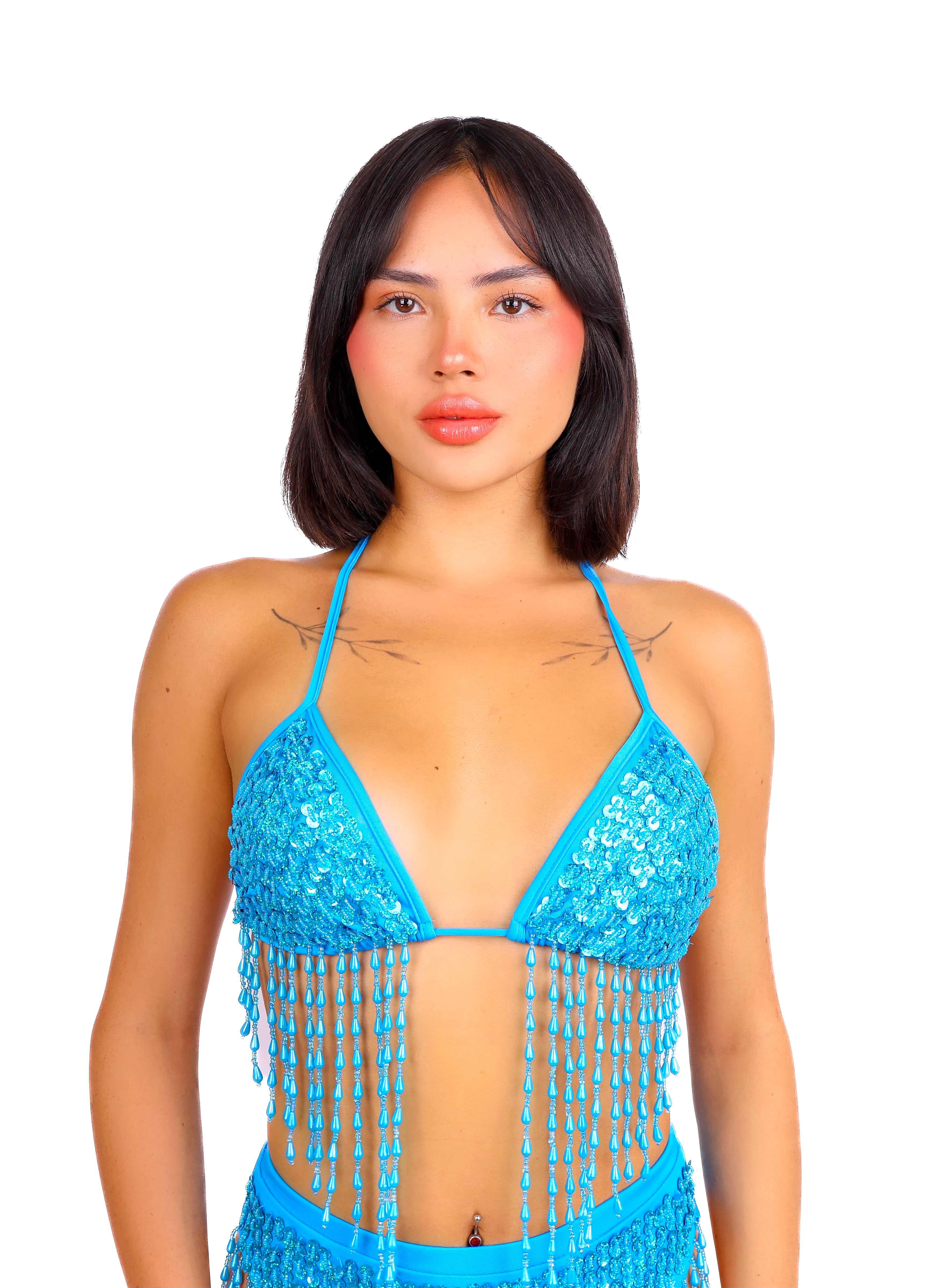 Hand Stitched Sequin Top- Blue Tide