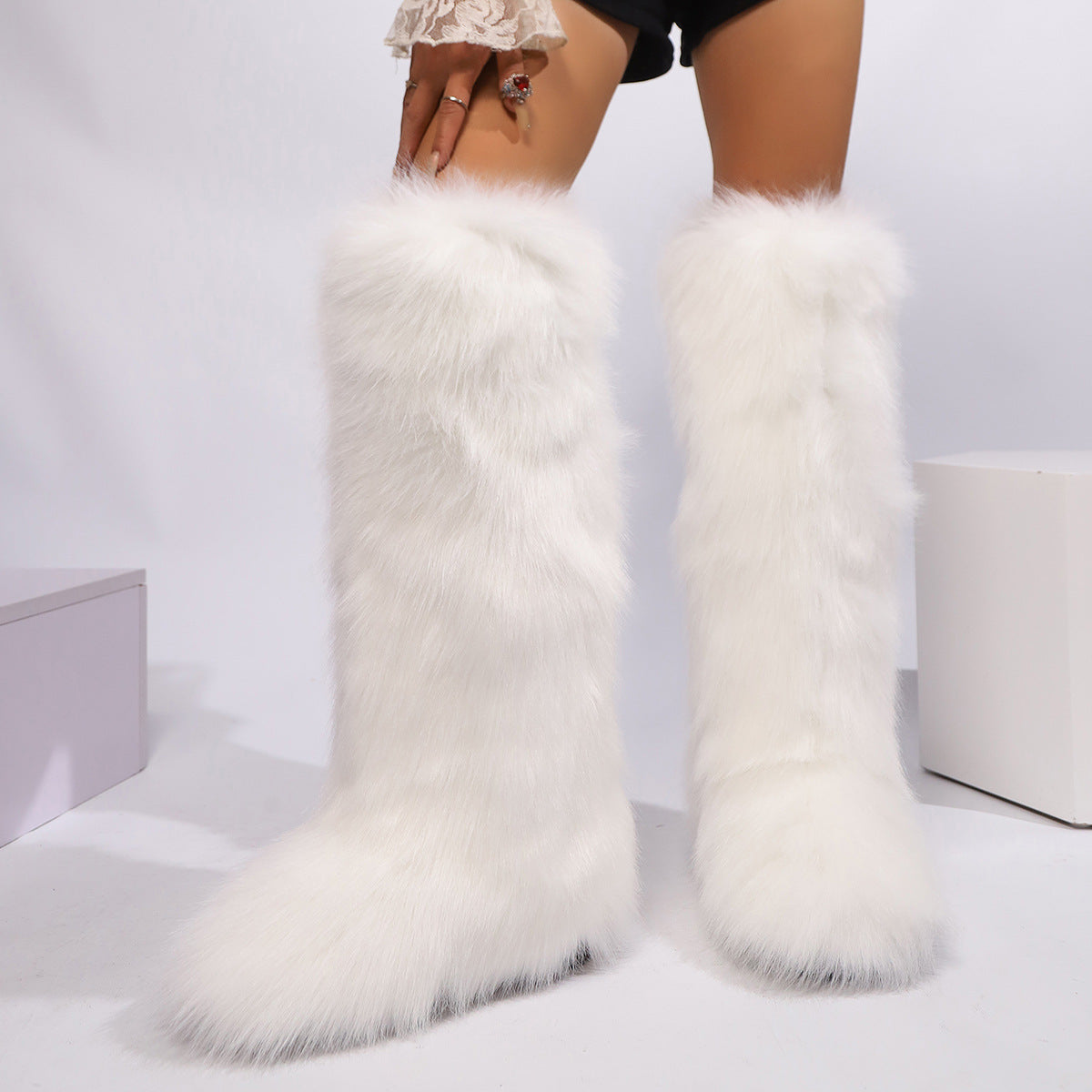 White Tall Fuzzy Boots