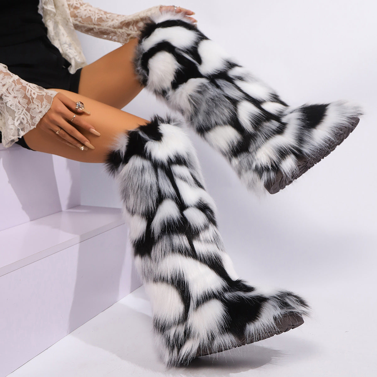 White/Black Tall Fuzzy Boots