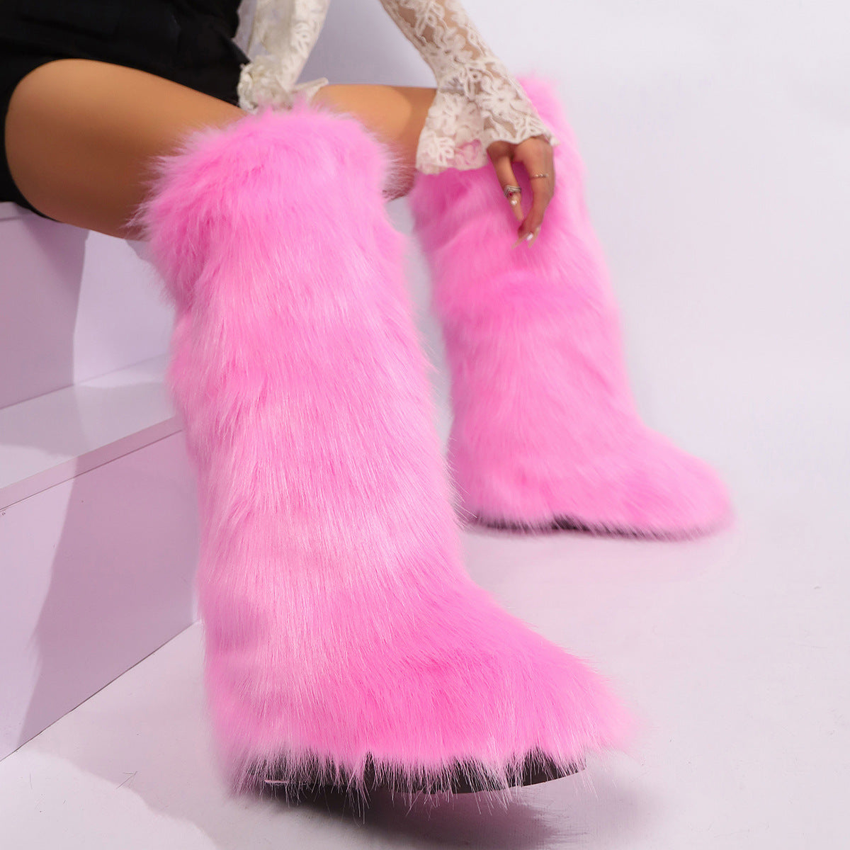 Baby Pink Tall Fuzzy Boots