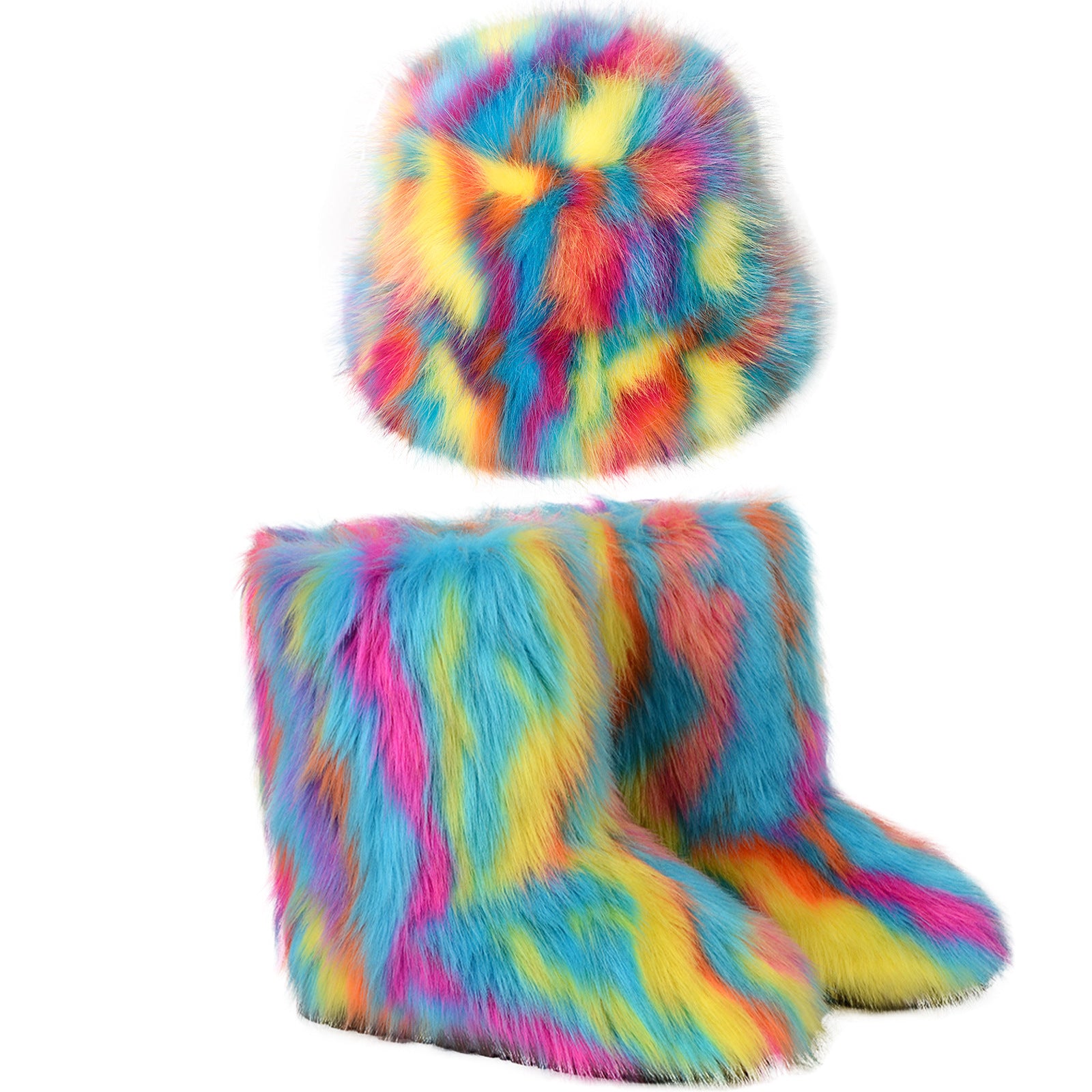 Rainbow Fuzzy Hat & Boots Set