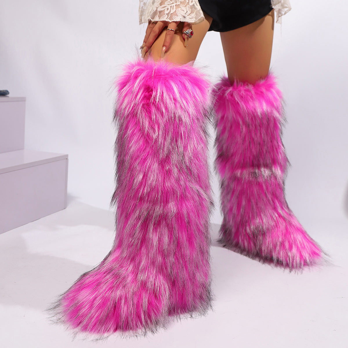 Rose Pink Tall Fuzzy Boots